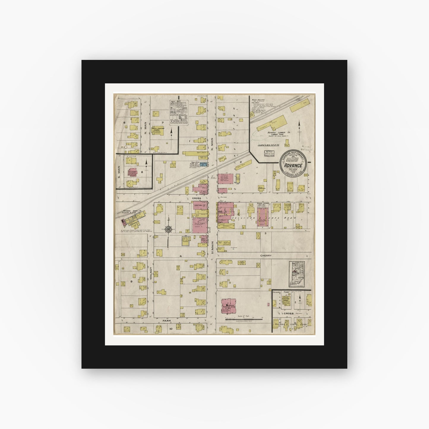 Old map wall art mockup — black gallery frame with white mat — Sanborn Fire Insurance Map from Advance, Boone County, Indiana (1919) - Complete Map Set