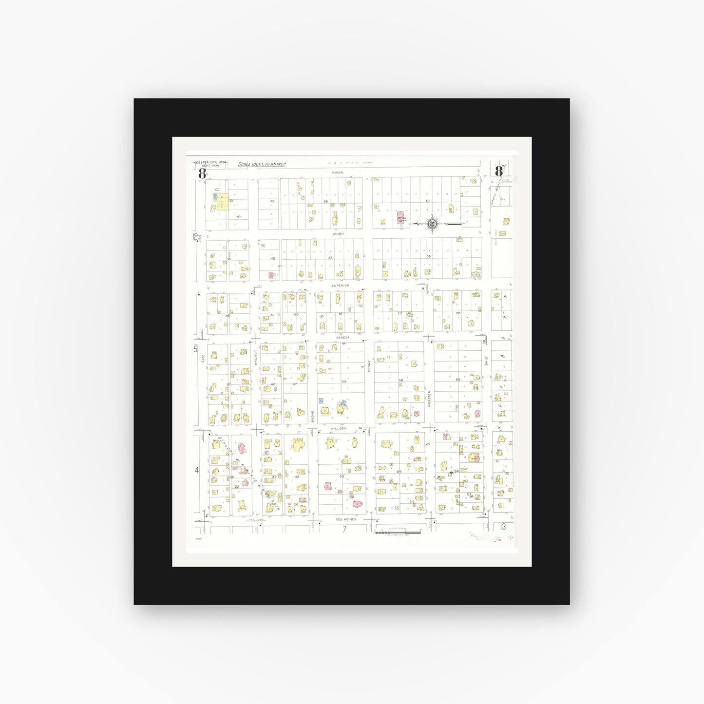 Old map wall art mockup — black gallery frame with white mat — Sanborn Fire Insurance Map from Webster City, Hamilton County, Iowa (1938), Sheet #0008