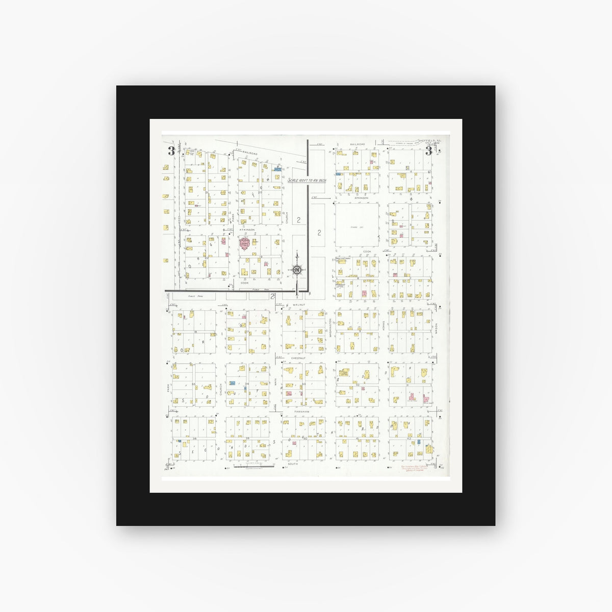 Old map wall art mockup — black gallery frame with white mat — Sanborn Fire Insurance Map from Sheffield, Bureau County, Illinois (1932), Sheet #0003