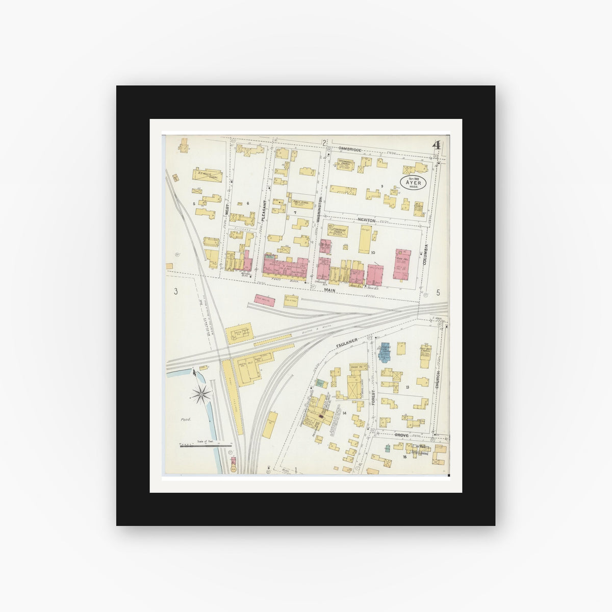 Old map wall art mockup — black gallery frame with white mat — Sanborn Fire Insurance Map from Ayer, Middlesex County, Massachusetts (1902), Sheet #0004