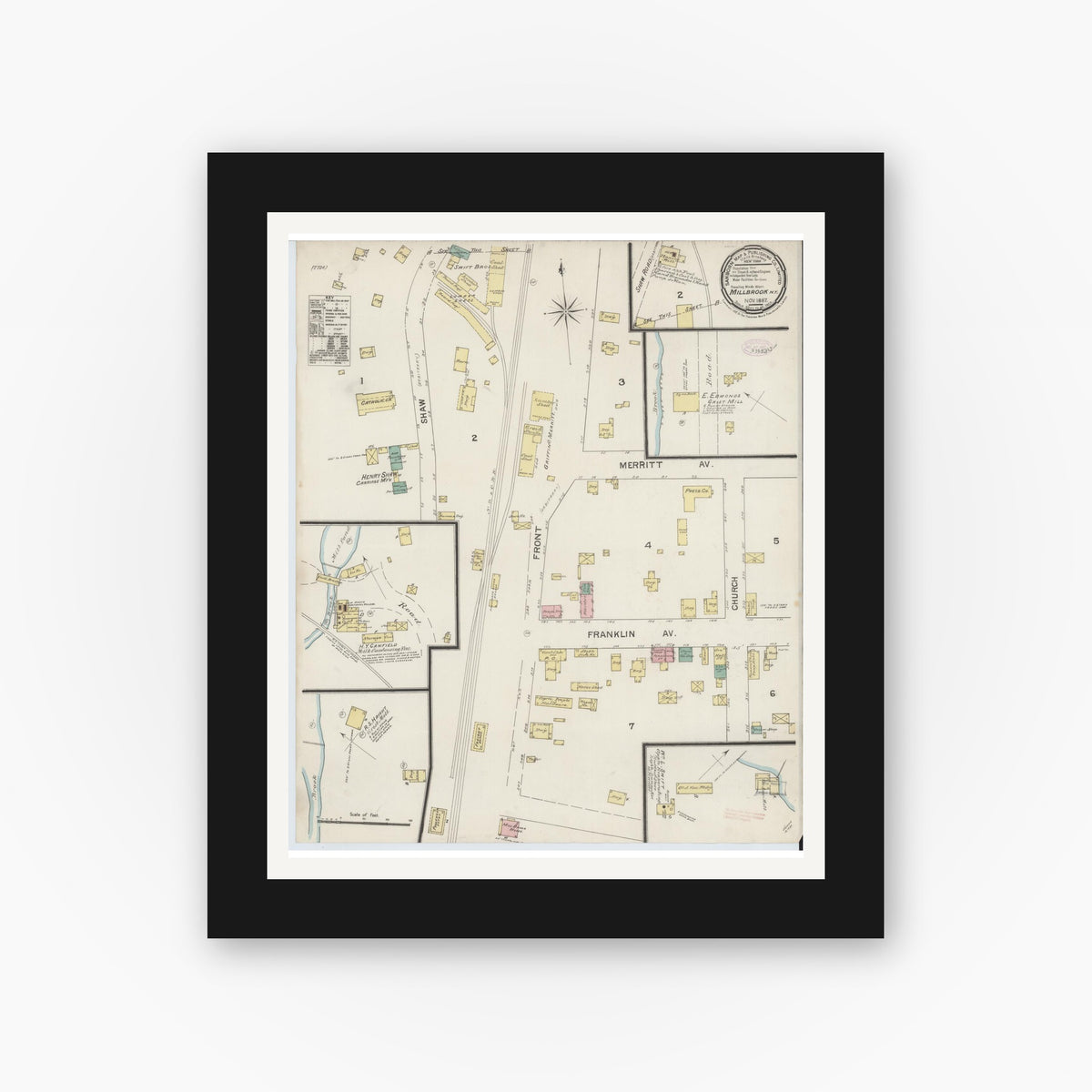 Old map wall art mockup — black gallery frame with white mat — Sanborn Fire Insurance Map from Millbrook, Dutchess County, New York (1887), Sheet #0001