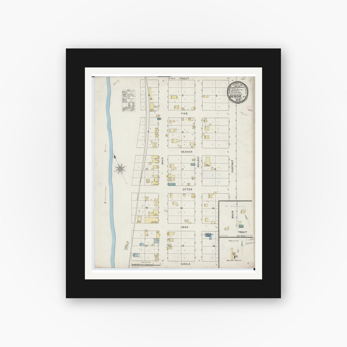 Old map wall art mockup — black gallery frame with white mat — Sanborn Fire Insurance Map from Genoa, Vernon County, Wisconsin (1894), Sheet #0001