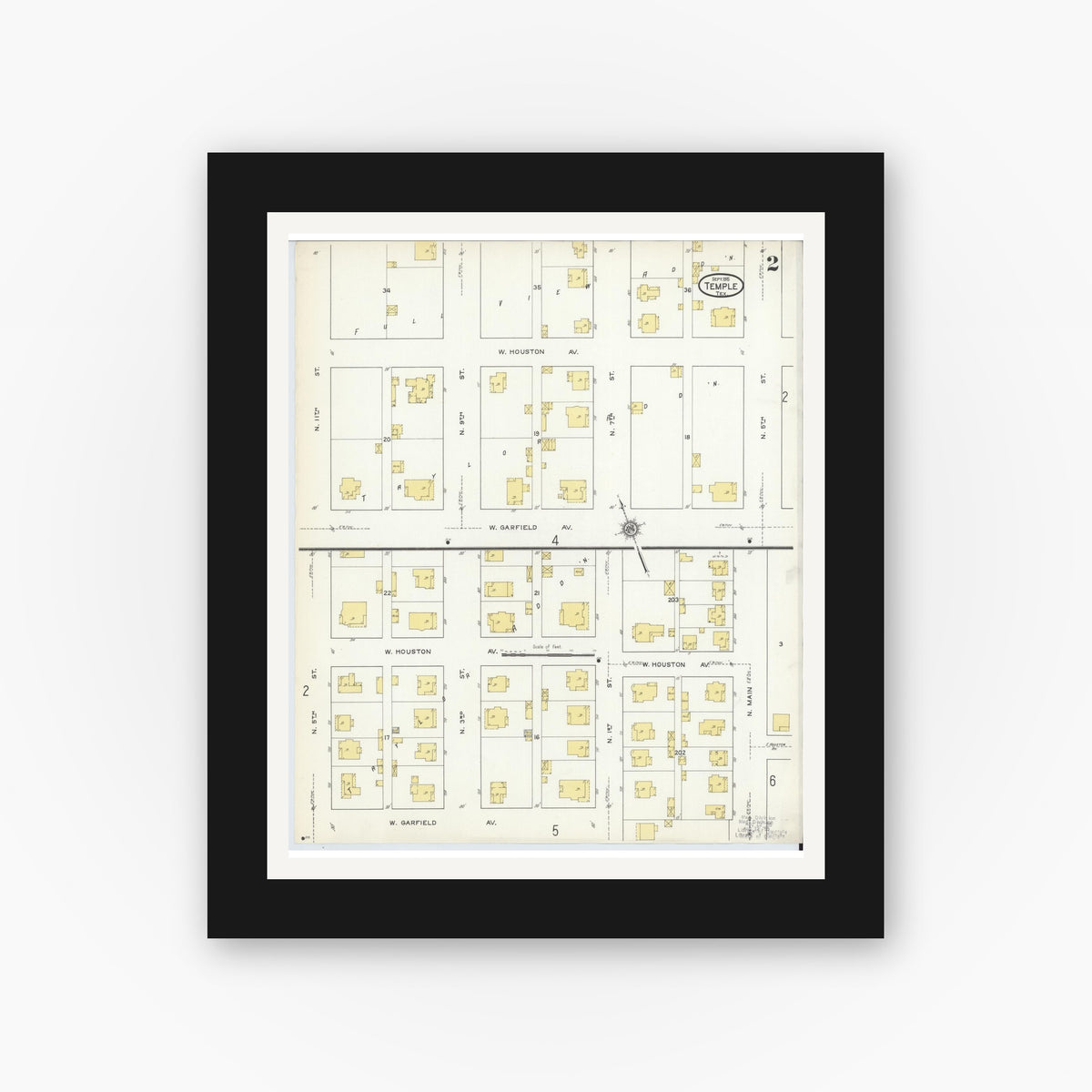 Old map wall art mockup — black gallery frame with white mat — Sanborn Fire Insurance Map from Temple, Bell County, Texas (1915), Sheet #0002