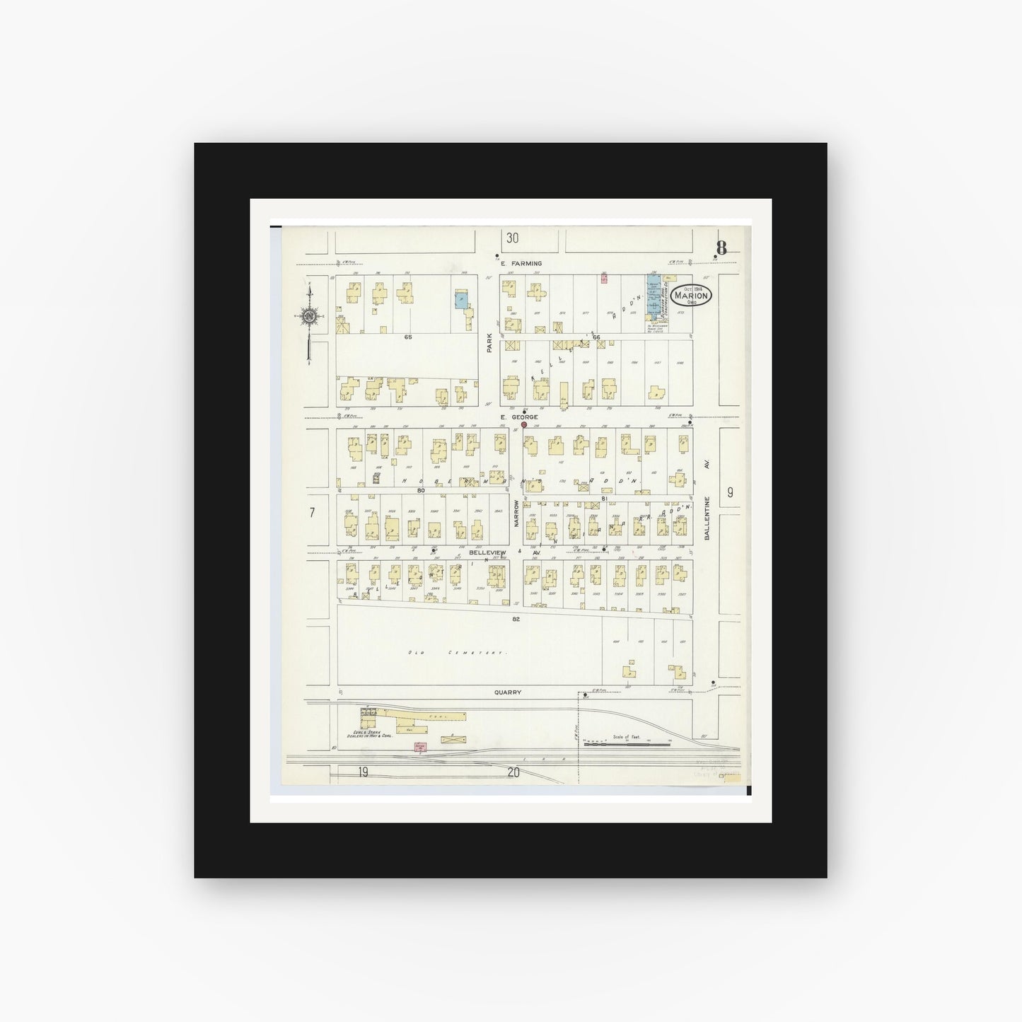 Old map wall art mockup — black gallery frame with white mat — Sanborn Fire Insurance Map from Marion, Marion County, Ohio (1914), Sheet #0008