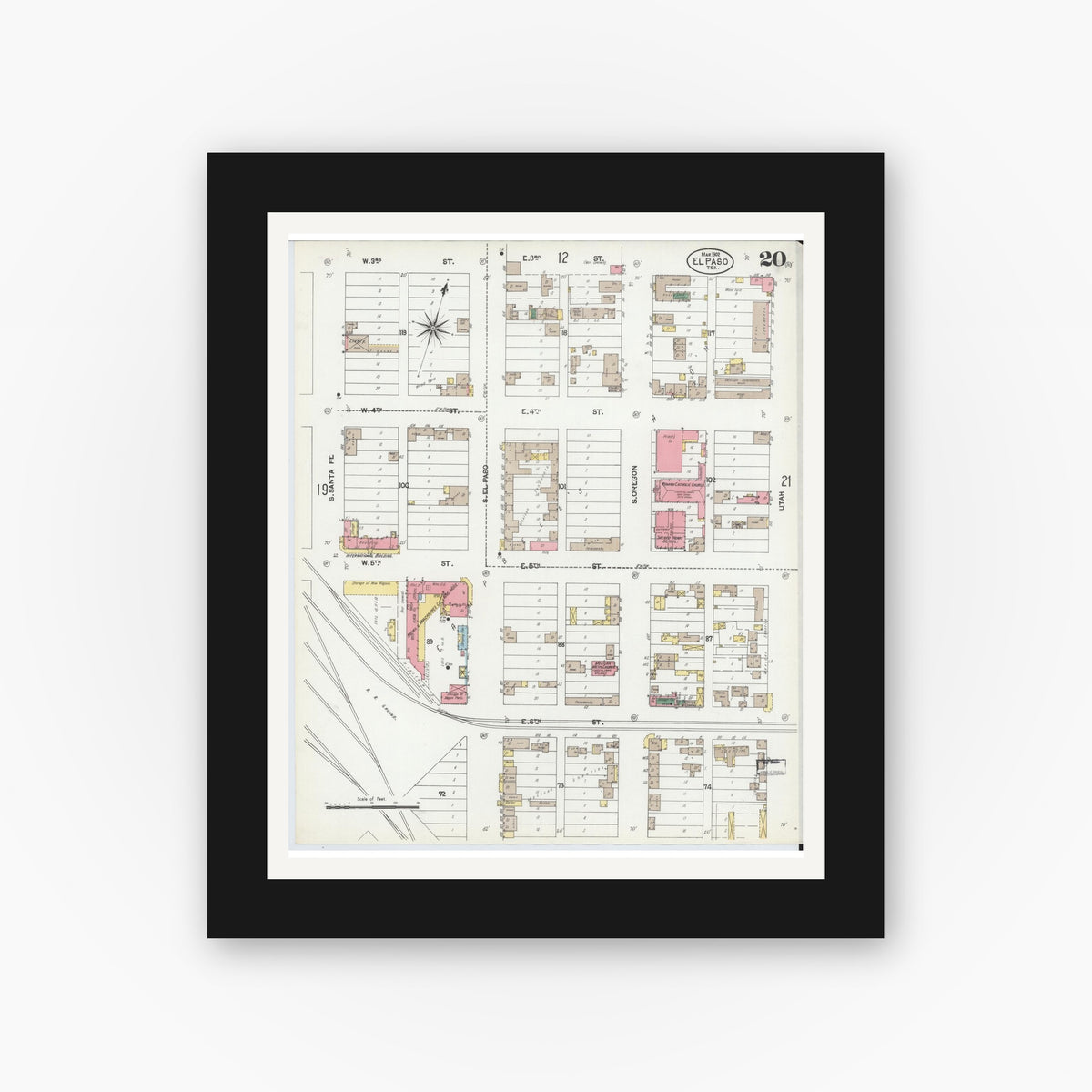 Old map wall art mockup — black gallery frame with white mat — Sanborn Fire Insurance Map from El Paso, El Paso County, Texas (1902), Sheet #0020