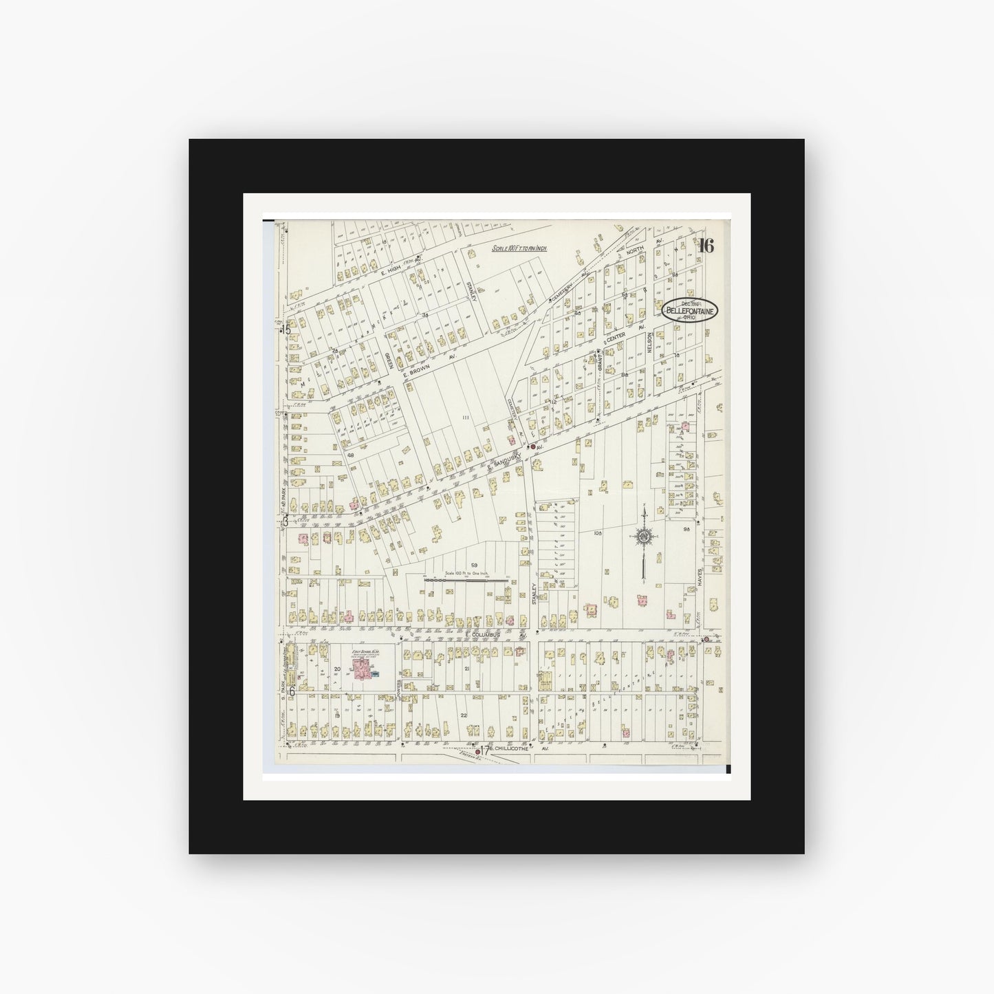 Old map wall art mockup — black gallery frame with white mat — Sanborn Fire Insurance Map from Bellefontaine, Logan County, Ohio (1914), Sheet #0016