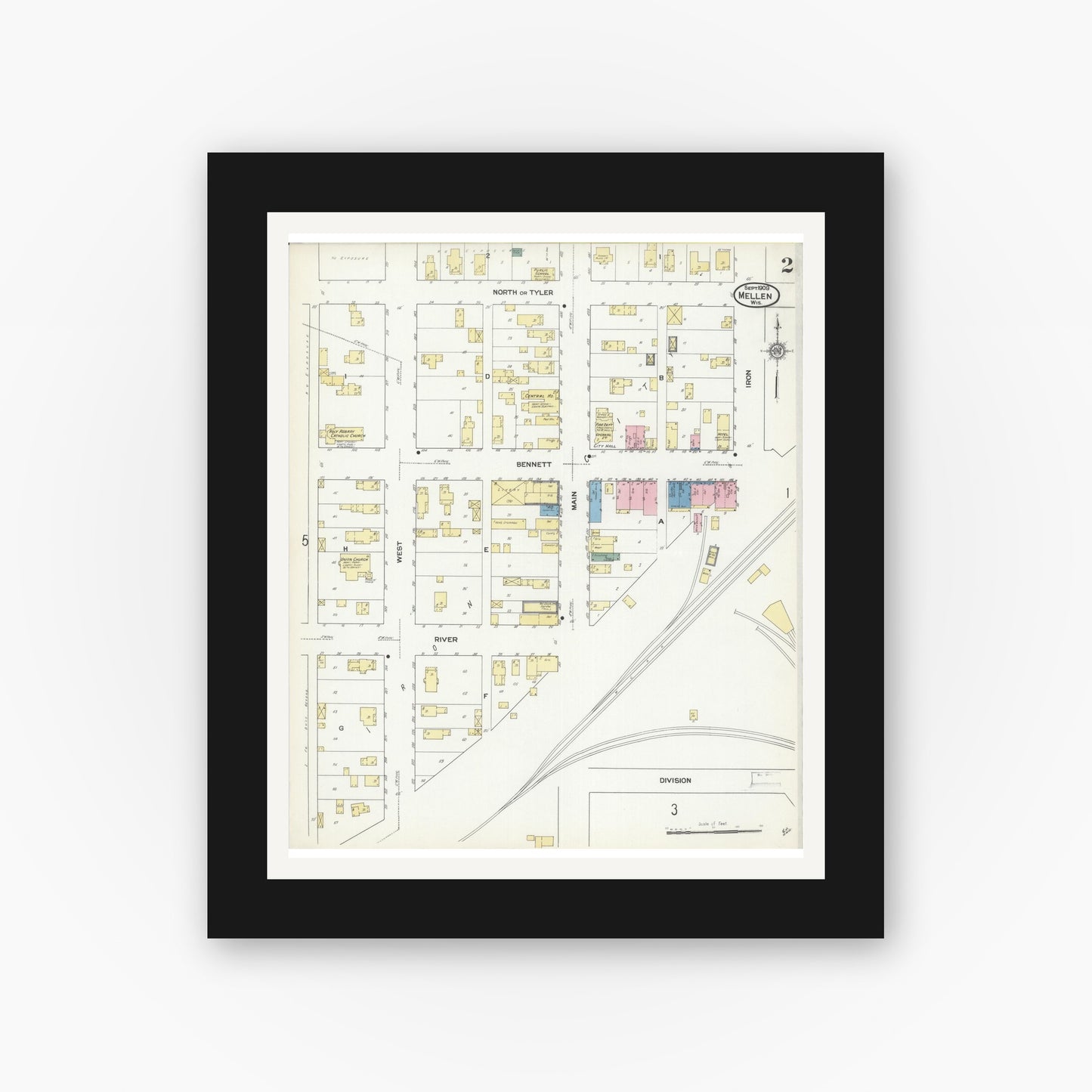 Old map wall art mockup — black gallery frame with white mat — Sanborn Fire Insurance Map from Mellen, Ashland County, Wisconsin (1909), Sheet #0002