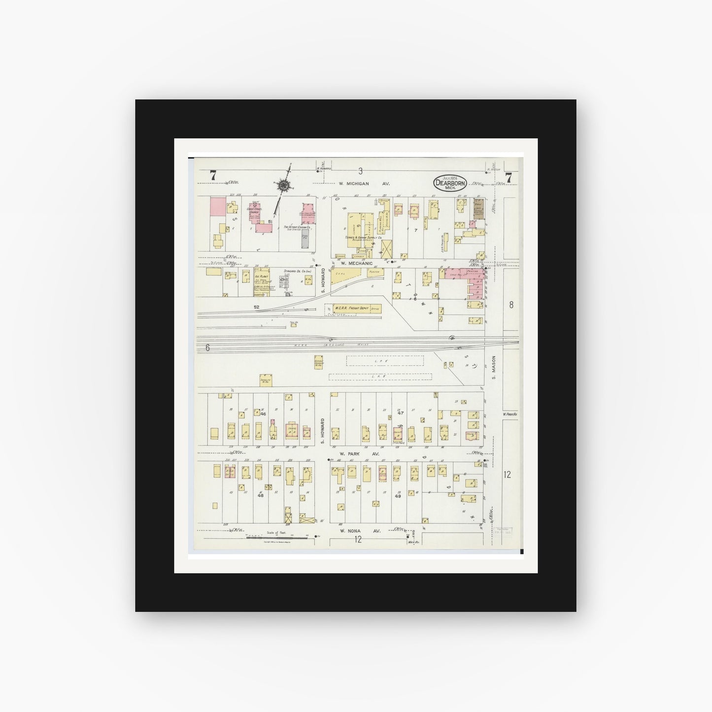 Old map wall art mockup — black gallery frame with white mat — Sanborn Fire Insurance Map from Dearborn, Wayne County, Michigan (1924), Sheet #0007