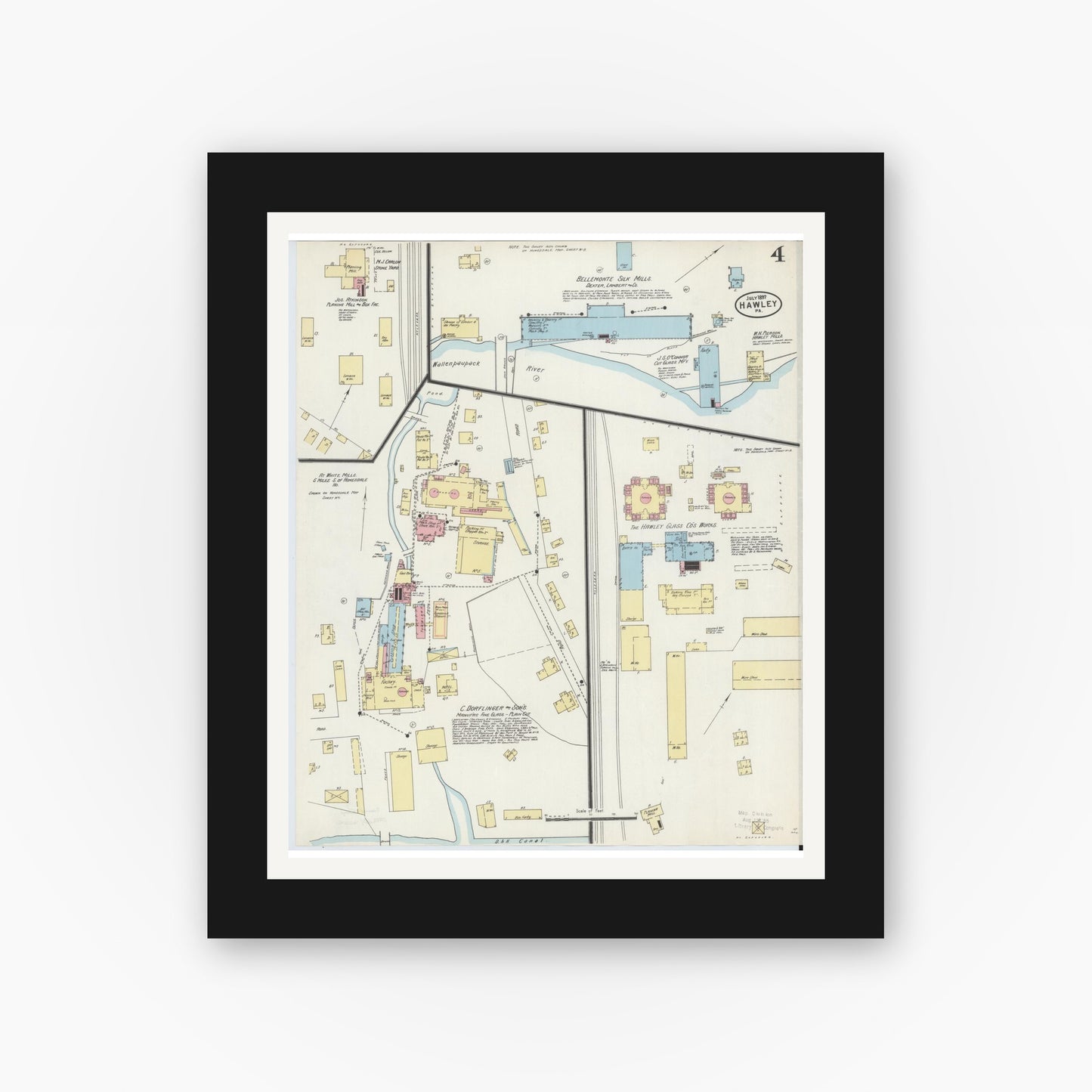 Old map wall art mockup — black gallery frame with white mat — Sanborn Fire Insurance Map from Hawley, Wayne County, Pennsylvania (1897), Sheet #0004