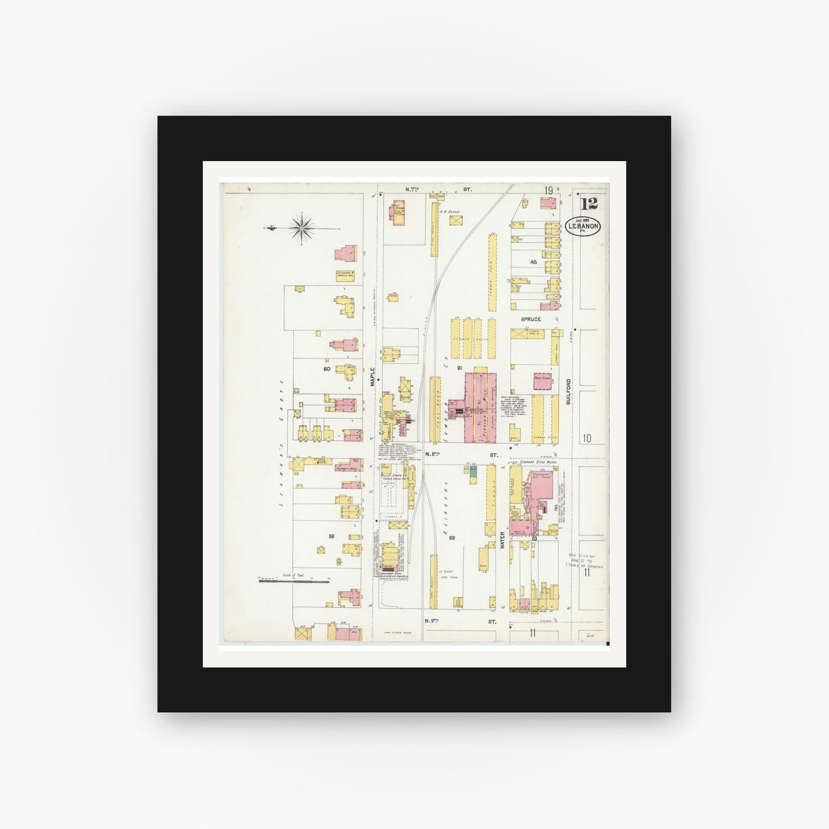 Old map wall art mockup — black gallery frame with white mat — Sanborn Fire Insurance Map from Lebanon, Lebanon County, Pennsylvania (1902), Sheet #0012