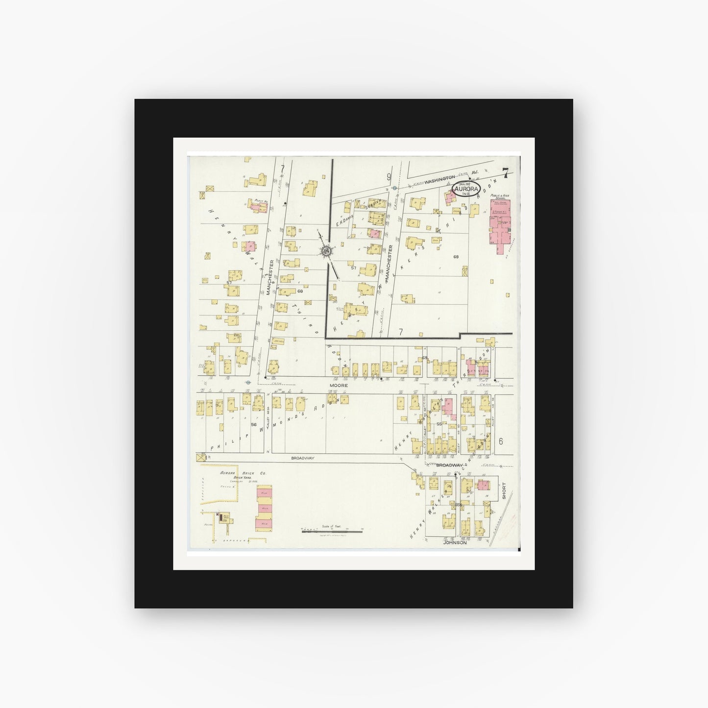 Old map wall art mockup — black gallery frame with white mat — Sanborn Fire Insurance Map from Aurora, Dearborn County, Indiana (1917), Sheet #0007