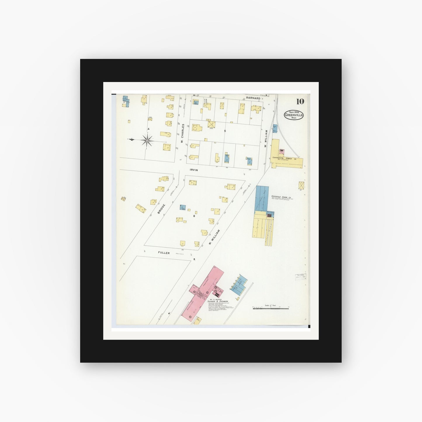 Old map wall art mockup — black gallery frame with white mat — Sanborn Fire Insurance Map from Greenville, Montcalm County, Michigan (1908), Sheet #0010