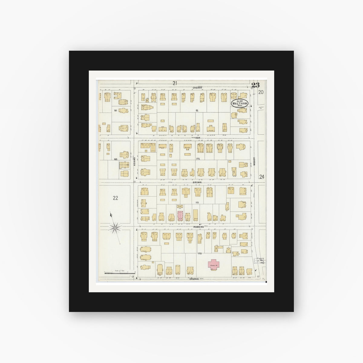 Old map wall art mockup — black gallery frame with white mat — Sanborn Fire Insurance Map from Waltham, Middlesex County, Massachusetts (1897), Sheet #0023