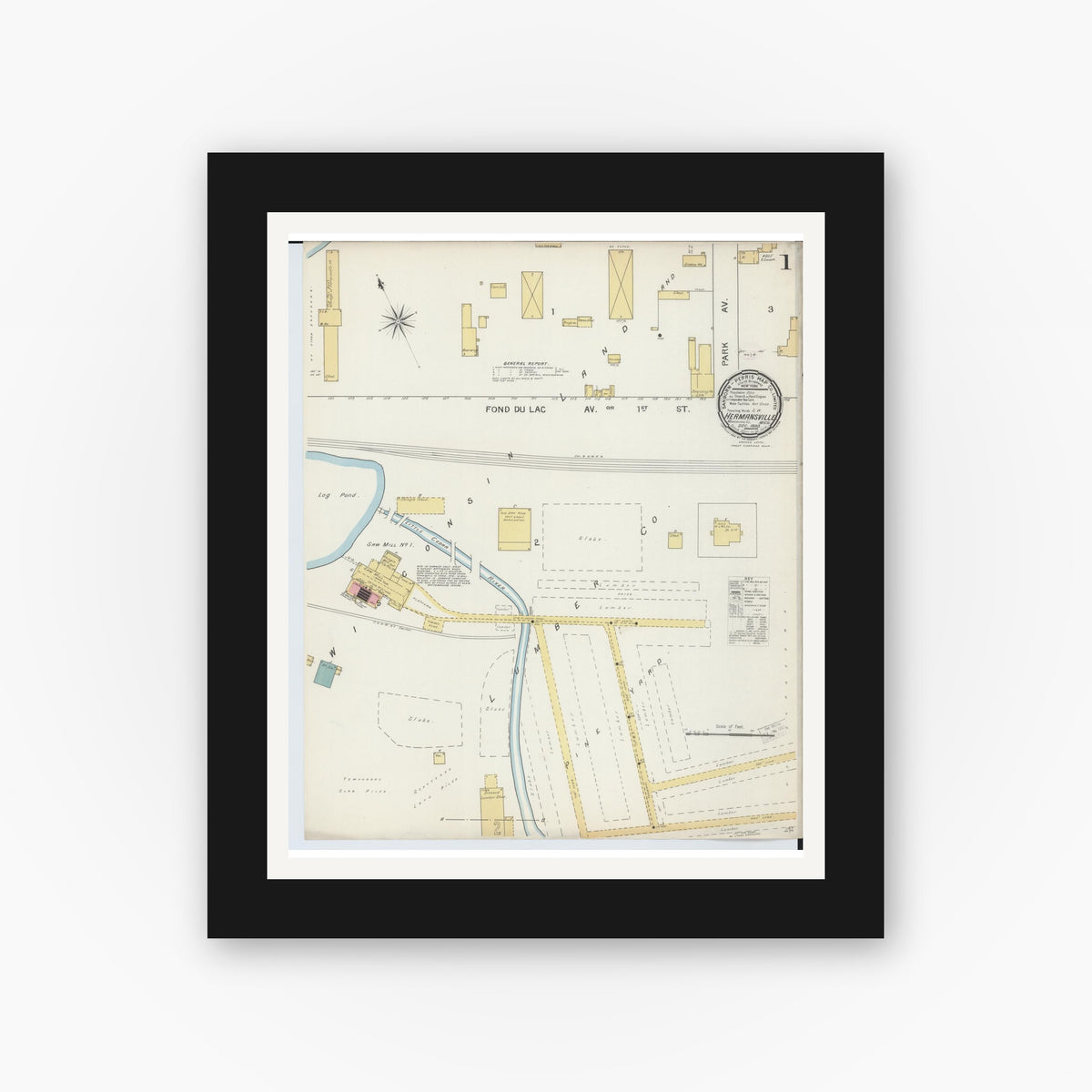Old map wall art mockup — black gallery frame with white mat — Sanborn Fire Insurance Map from Hermansville, Menominee County, Michigan (1893), Sheet #0001