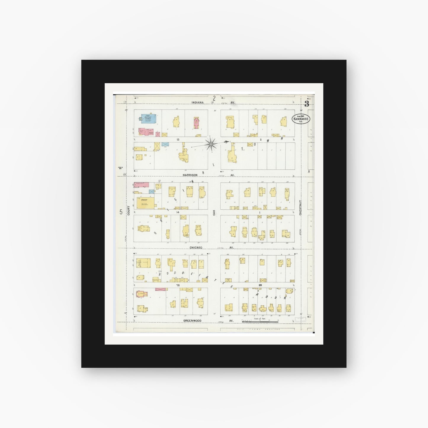 Old map wall art mockup — black gallery frame with white mat — Sanborn Fire Insurance Map from Kankakee, Kankakee County, Illinois (1901), Sheet #0003