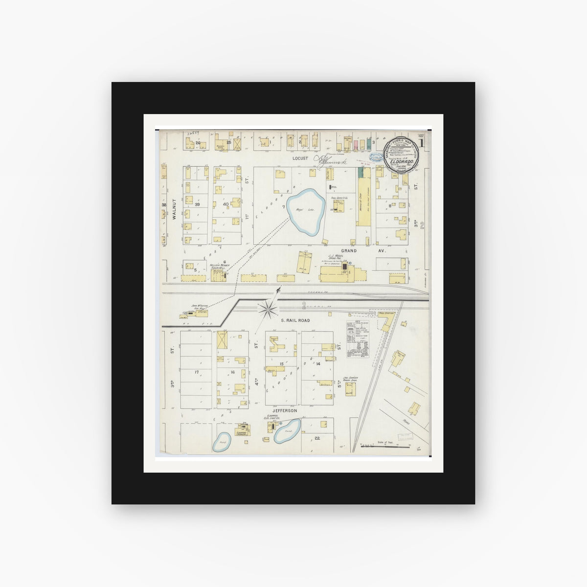 Old map wall art mockup — black gallery frame with white mat — Sanborn Fire Insurance Map from Eldorado, Saline County, Illinois (1894) - Complete Map Set