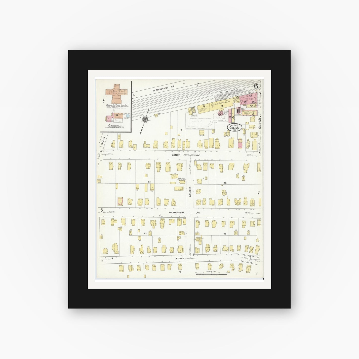 Old map wall art mockup — black gallery frame with white mat — Sanborn Fire Insurance Map from Oneida, Madison County, New York (1909), Sheet #0006