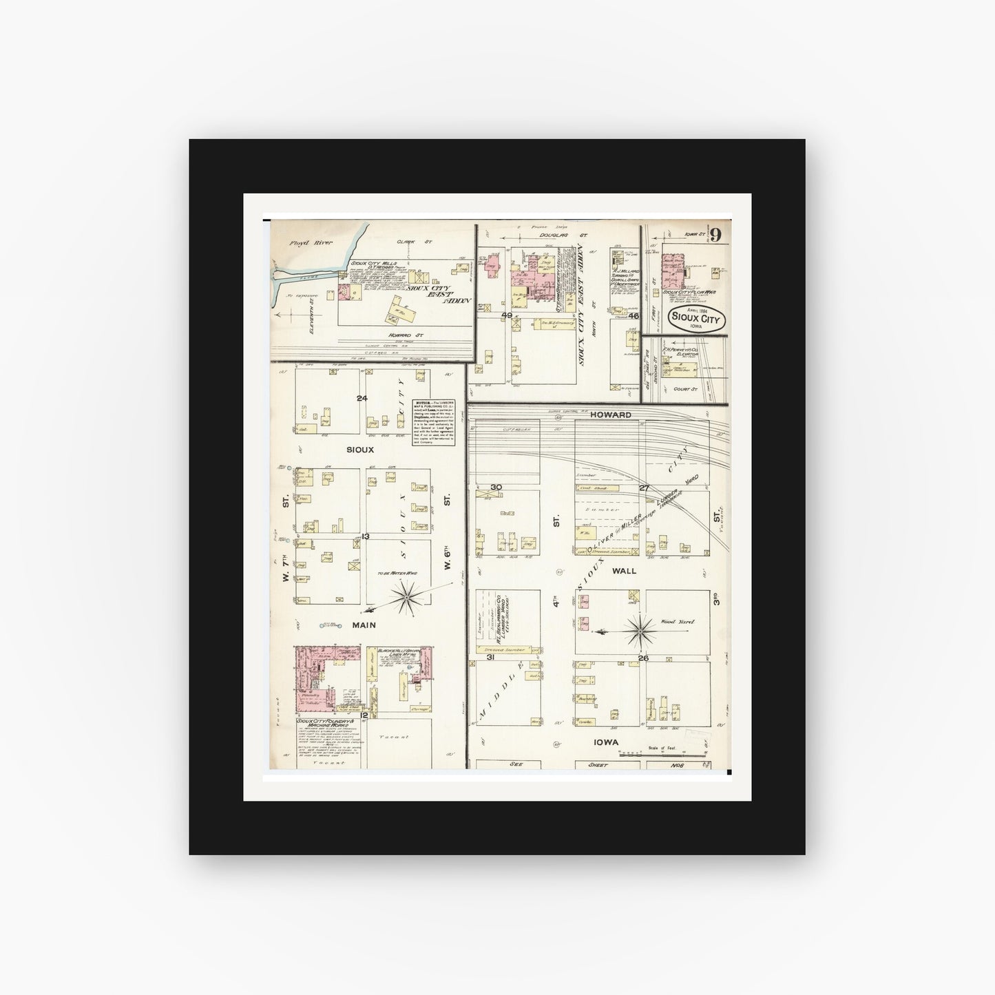 Old map wall art mockup β black gallery frame with white mat β Sanborn Fire Insurance Map from Sioux City, Woodbury County, Iowa (1884), Sheet #0009