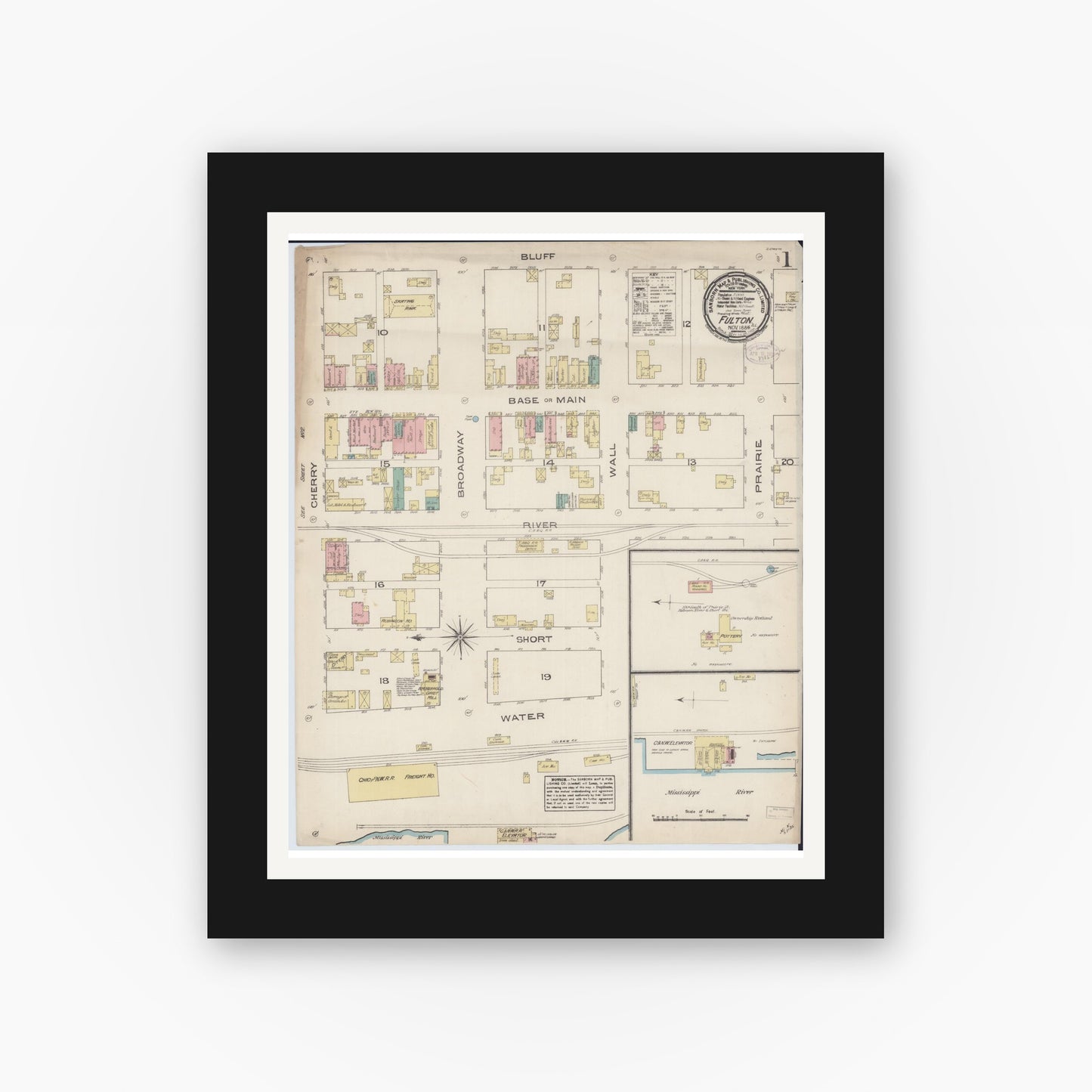 Old map wall art mockup — black gallery frame with white mat — Sanborn Fire Insurance Map from Fulton, Whiteside County, Illinois (1884), Sheet #0001