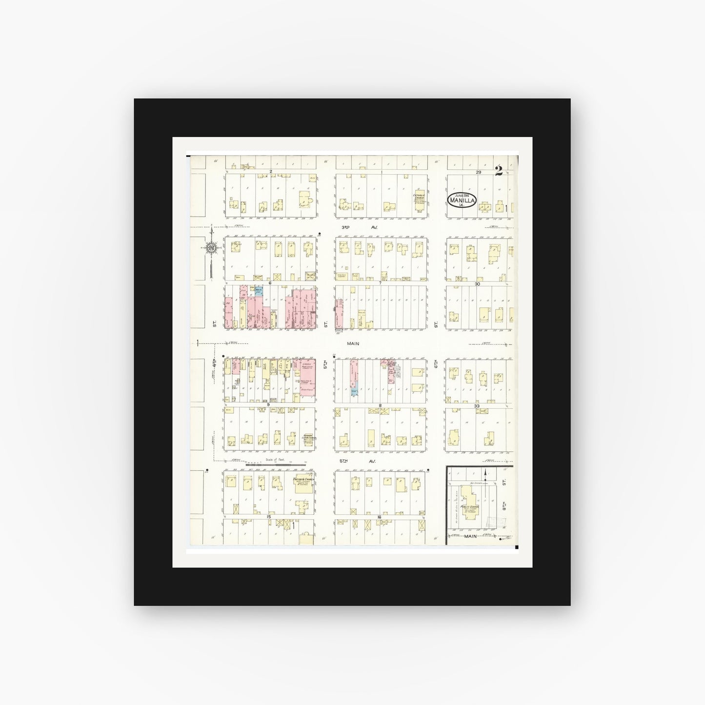Old map wall art mockup β black gallery frame with white mat β Sanborn Fire Insurance Map from Manilla, Crawford County, Iowa (1914), Sheet #0002