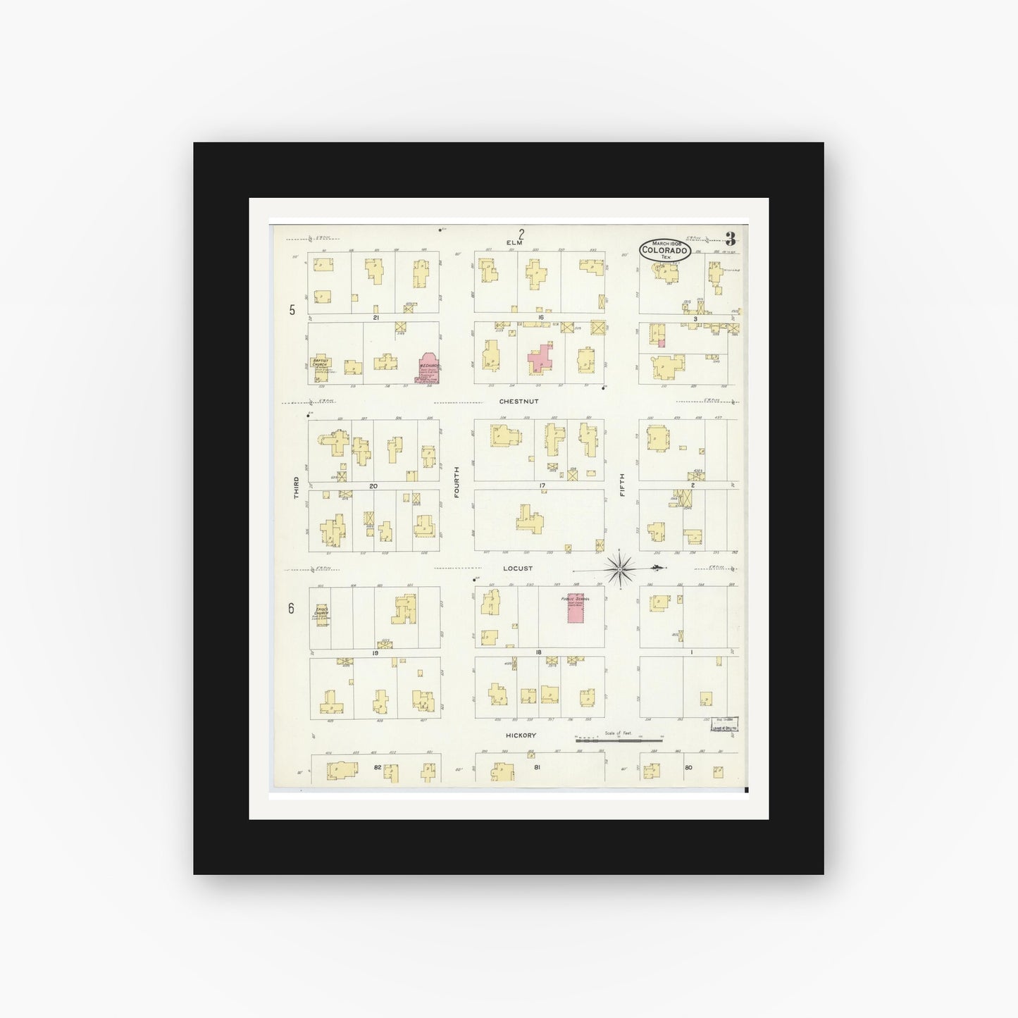 Old map wall art mockup — black gallery frame with white mat — Sanborn Fire Insurance Map from Colorado, Mitchell County, Texas (1908), Sheet #0003