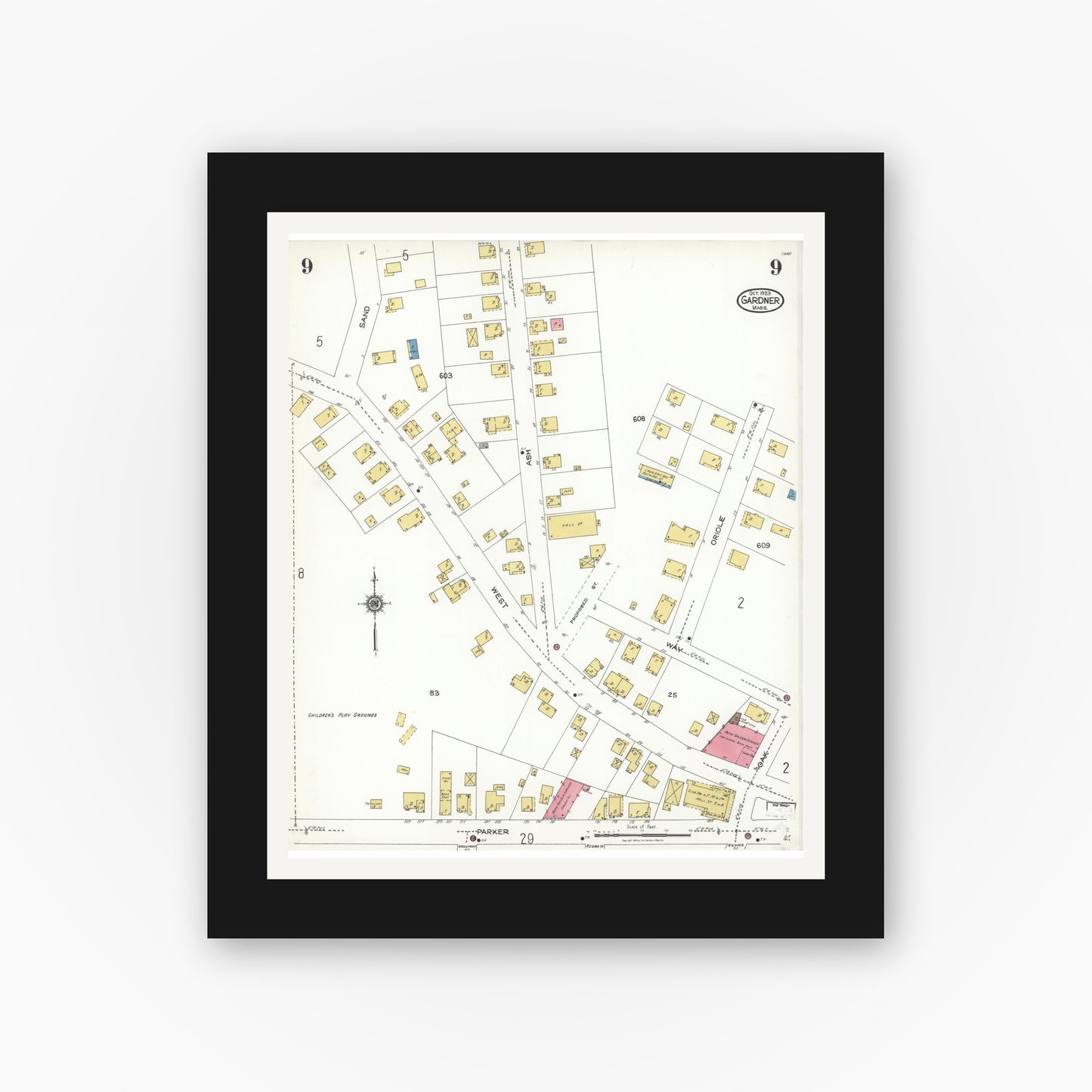 Old map wall art mockup — black gallery frame with white mat — Sanborn Fire Insurance Map from Gardner, Worcester County, Massachusetts (1923), Sheet #0009