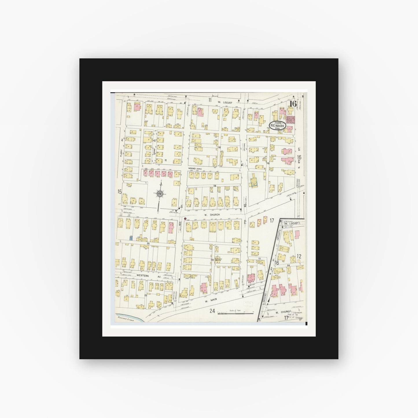 Old map wall art mockup — black gallery frame with white mat — Sanborn Fire Insurance Map from Newark, Licking County, Ohio (1912), Sheet #0016