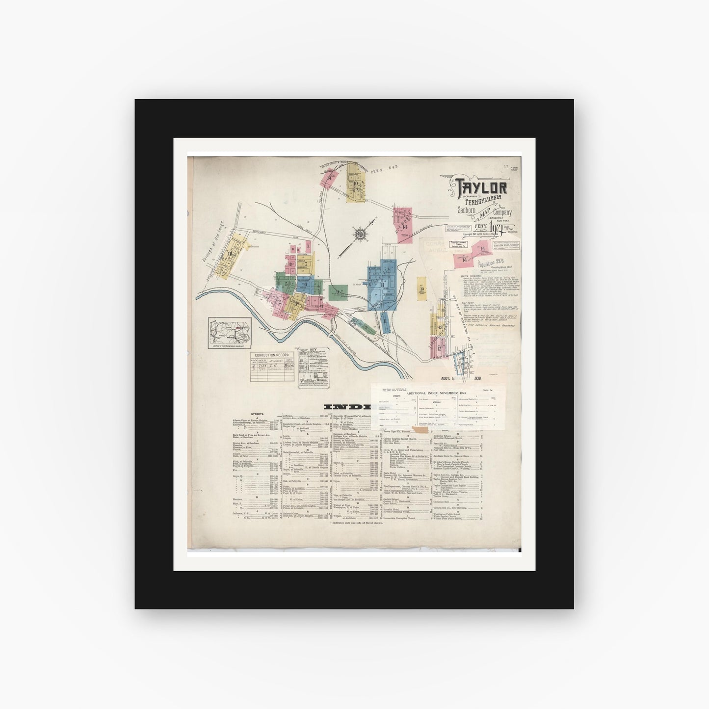 Old map wall art mockup — black gallery frame with white mat — Sanborn Fire Insurance Map from Taylor, Lackawanna County, Pennsylvania (1949), Sheet #0001
