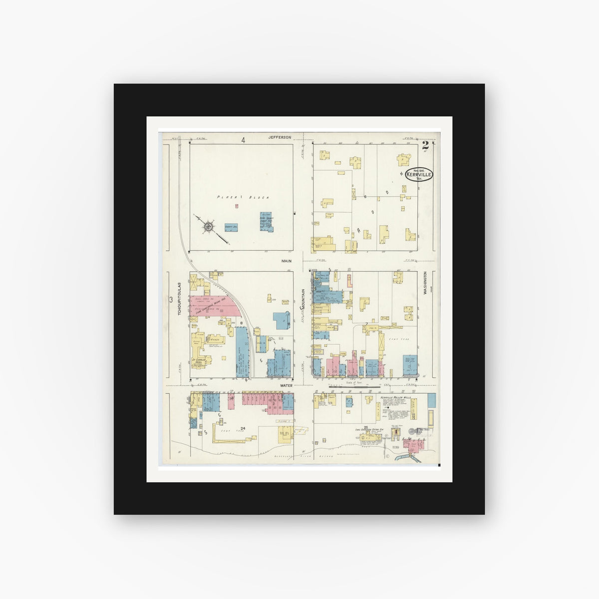 Old map wall art mockup — black gallery frame with white mat — Sanborn Fire Insurance Map from Kerrville, Kerr County, Texas (1916), Sheet #0002