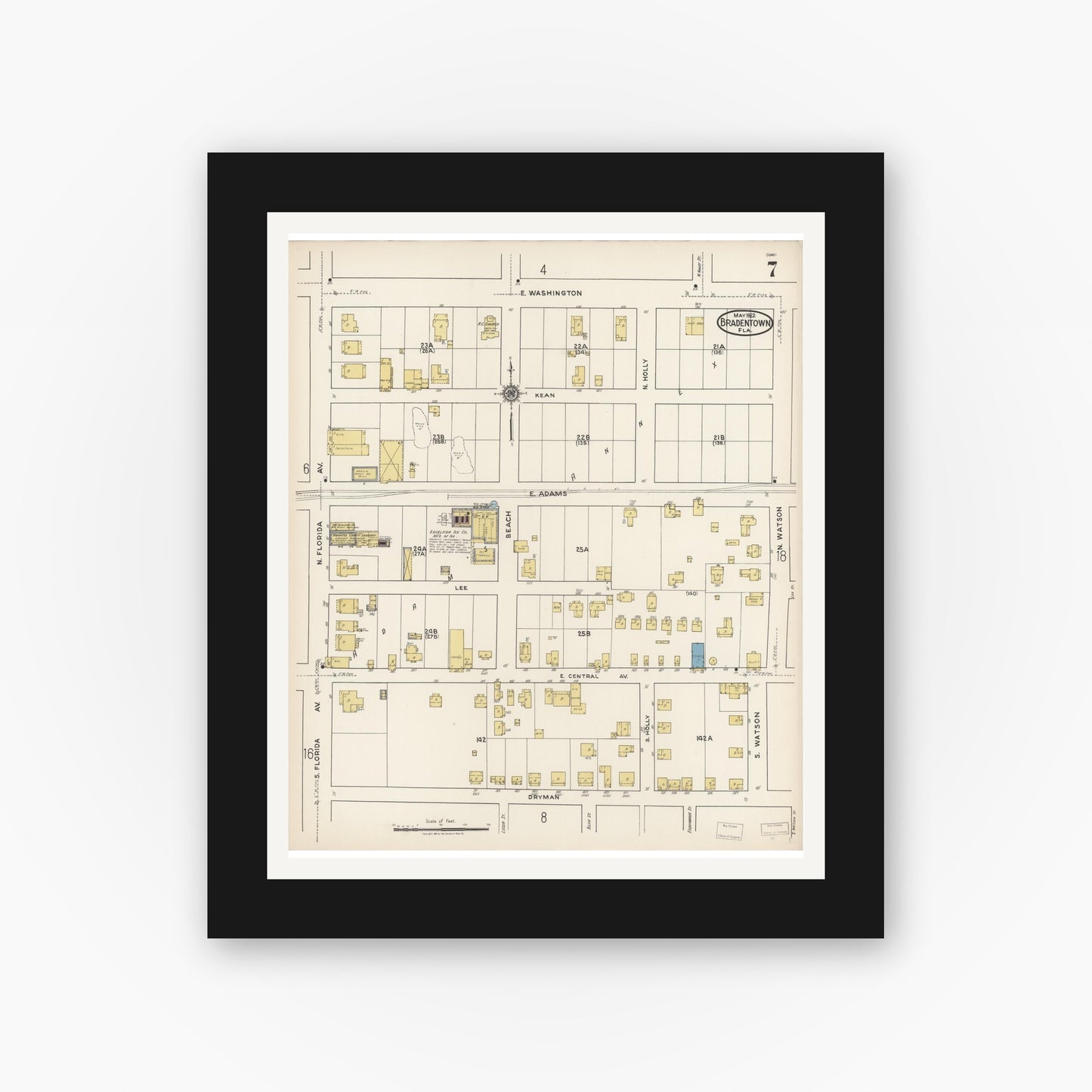 Old map wall art mockup — black gallery frame with white mat — Sanborn Fire Insurance Map from Bradentown, Manatee County, Florida (1922), Sheet #0007