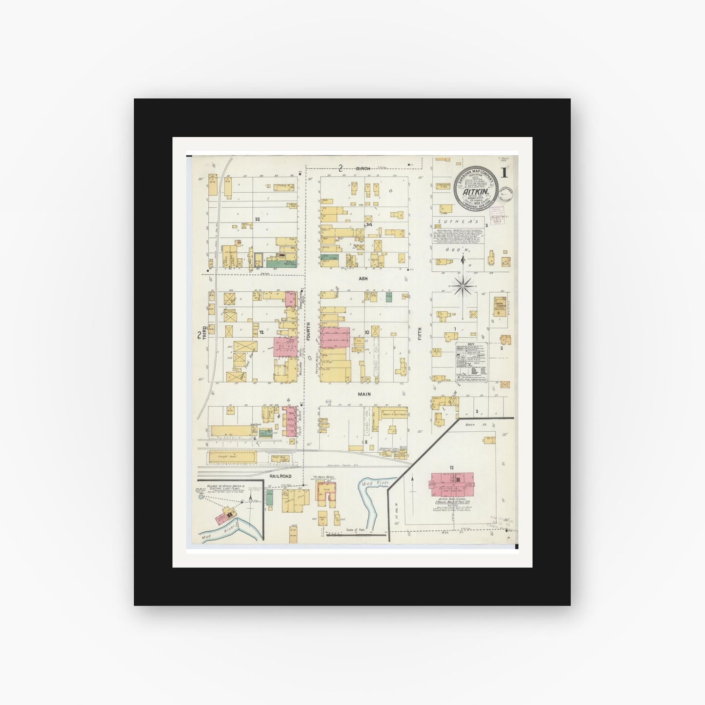 Old map wall art mockup — black gallery frame with white mat — Sanborn Fire Insurance Map from Aitkin, Aitkin County, Minnesota (1902), Sheet #0001