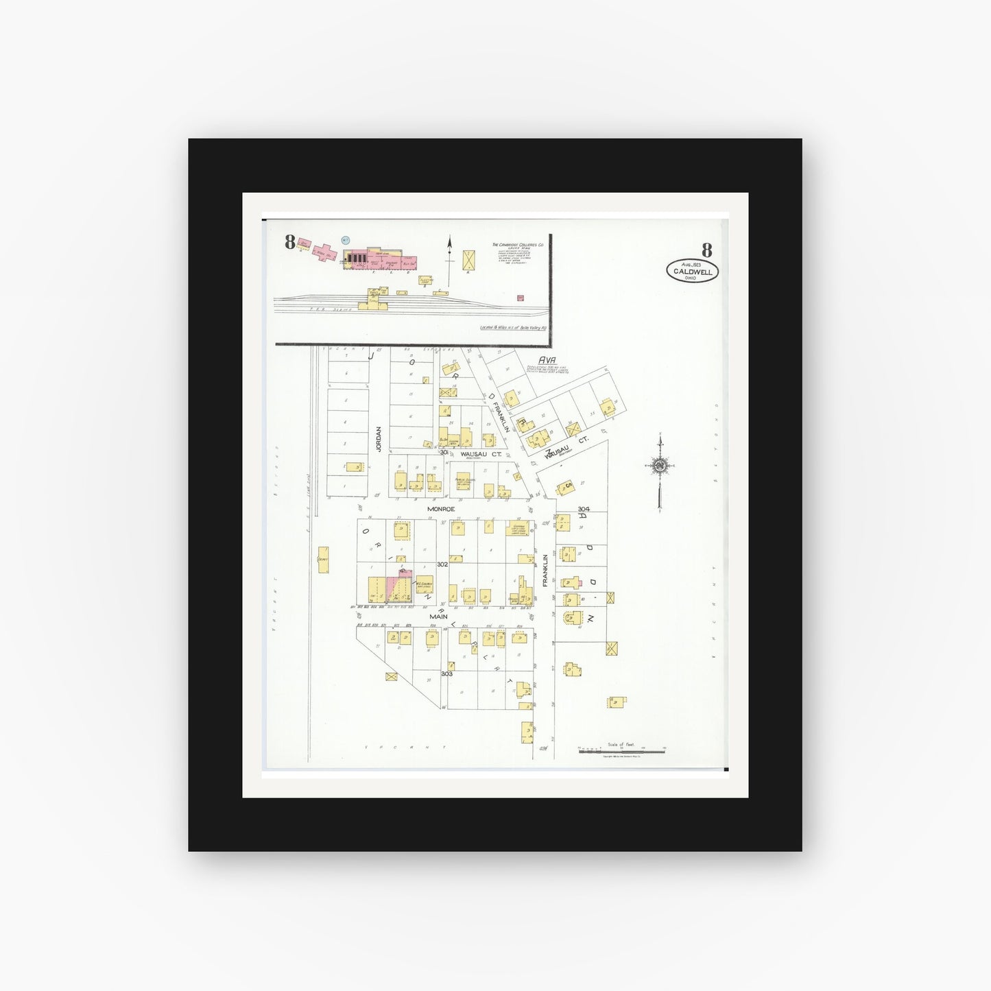 Old map wall art mockup — black gallery frame with white mat — Sanborn Fire Insurance Map from Caldwell, Noble County, Ohio (1923), Sheet #0008