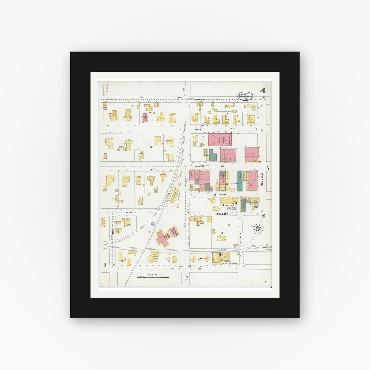 Old map wall art mockup — black gallery frame with white mat — Sanborn Fire Insurance Map from Brenham, Washington County, Texas (1906), Sheet #0004