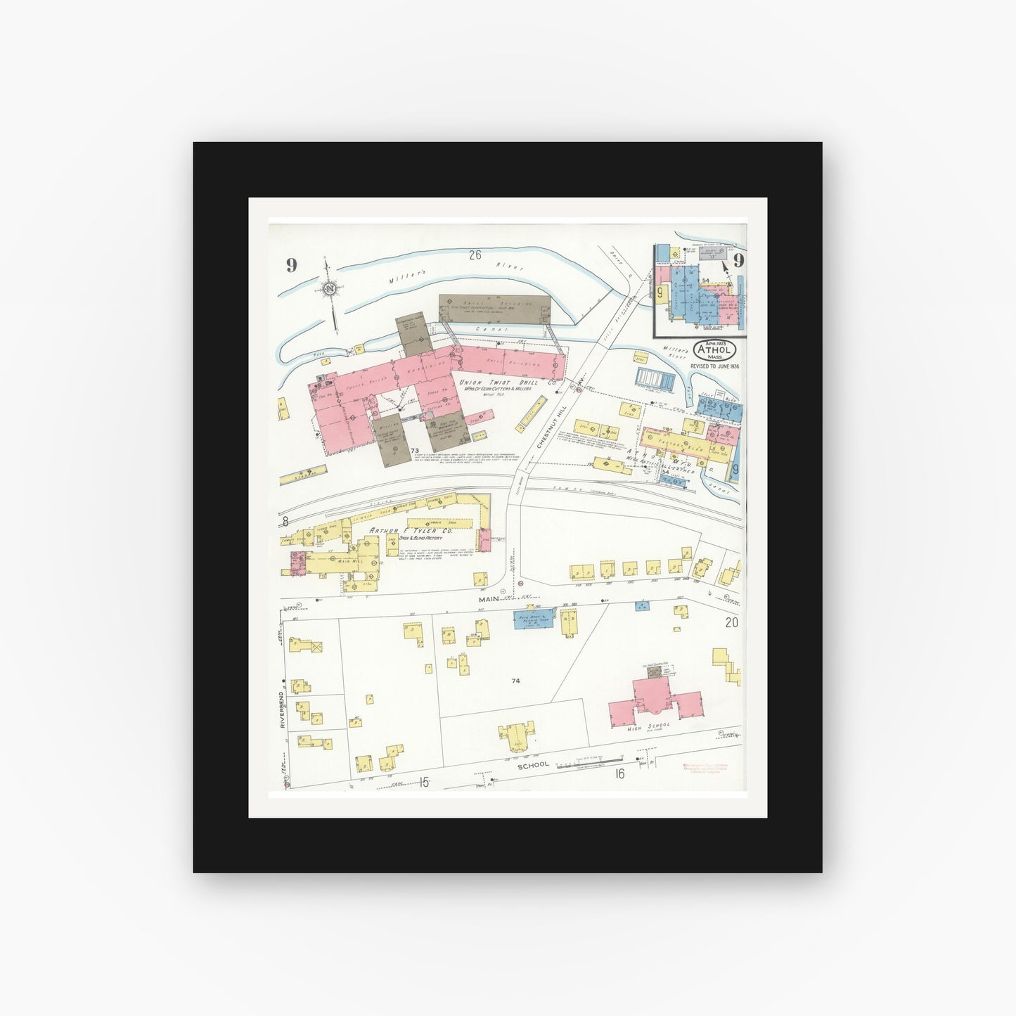 Old map wall art mockup — black gallery frame with white mat — Sanborn Fire Insurance Map from Athol, Worcester County, Massachusetts (1936), Sheet #0009