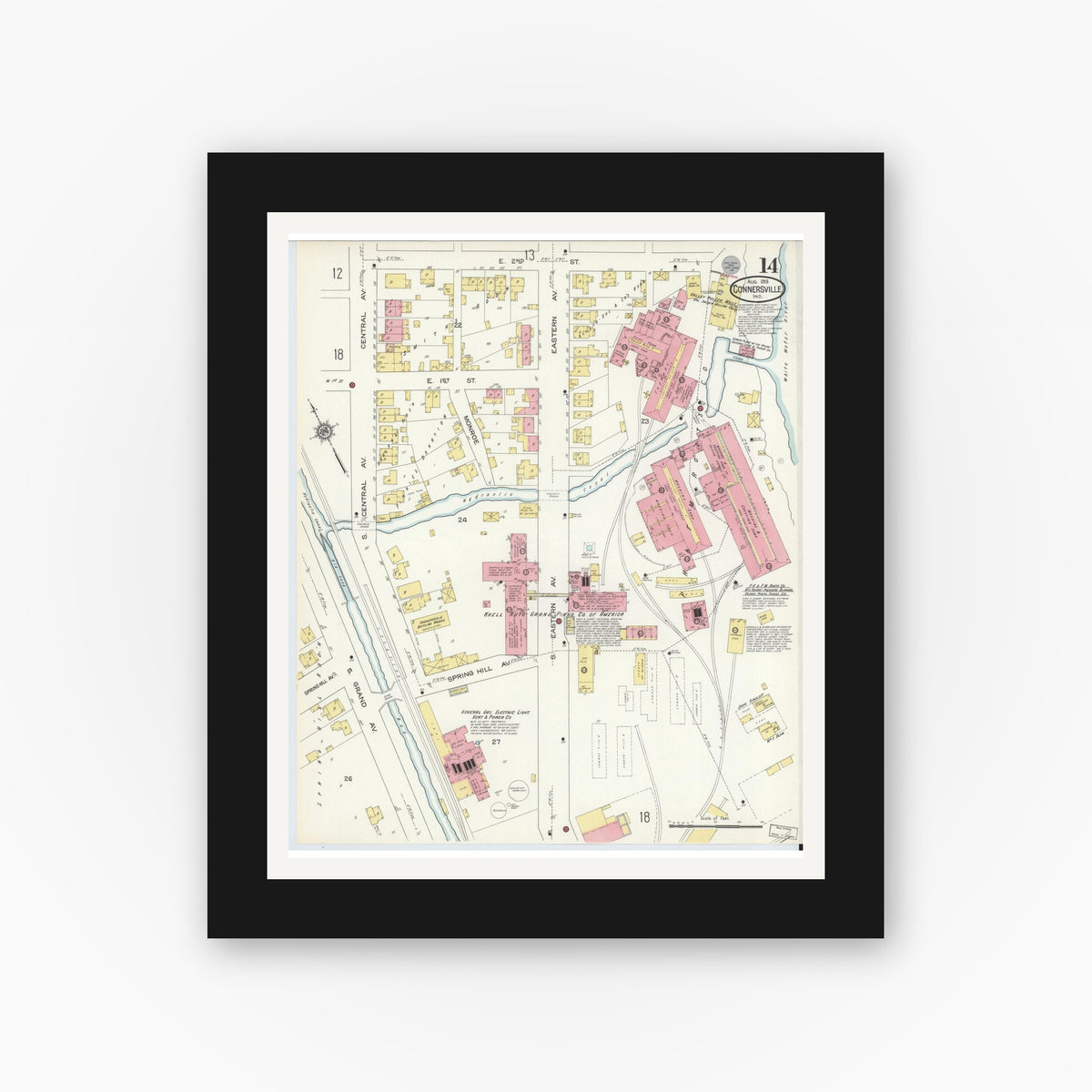Old map wall art mockup — black gallery frame with white mat — Sanborn Fire Insurance Map from Connersville, Fayette County, Indiana (1913), Sheet #0014