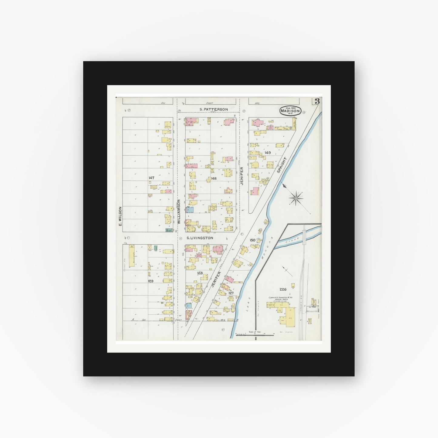 Old map wall art mockup — black gallery frame with white mat — Sanborn Fire Insurance Map from Madison, Dane County, Wisconsin (1892), Sheet #0003