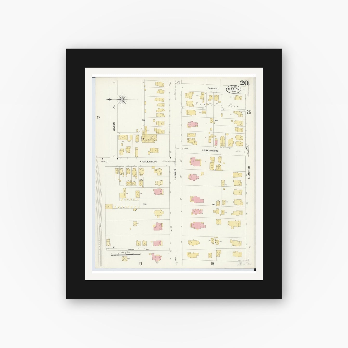 Old map wall art mockup — black gallery frame with white mat — Sanborn Fire Insurance Map from Marion, Marion County, Ohio (1908), Sheet #0020