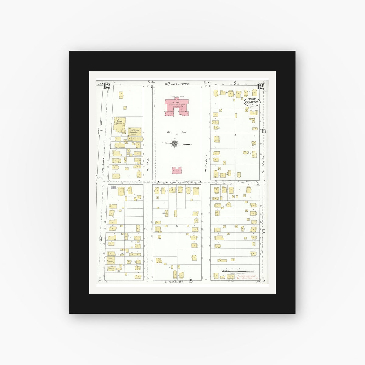 Old map wall art mockup — black gallery frame with white mat — Sanborn Fire Insurance Map from Compton, Los Angeles County, California (1925), Sheet #0012