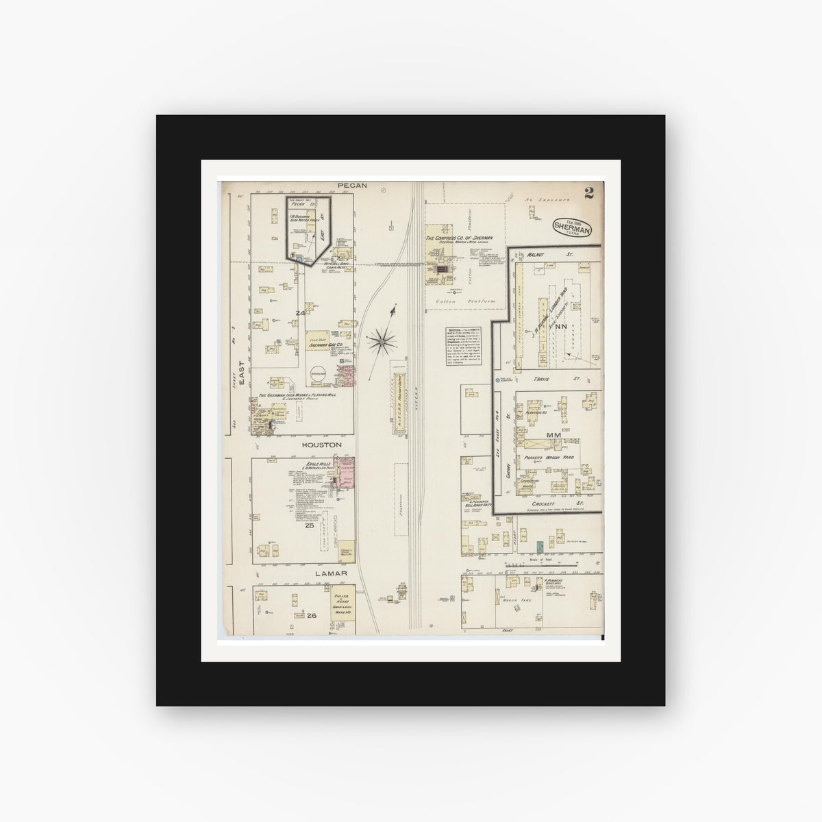 Old map wall art mockup — black gallery frame with white mat — Sanborn Fire Insurance Map from Sherman, Grayson County, Texas (1885), Sheet #0002