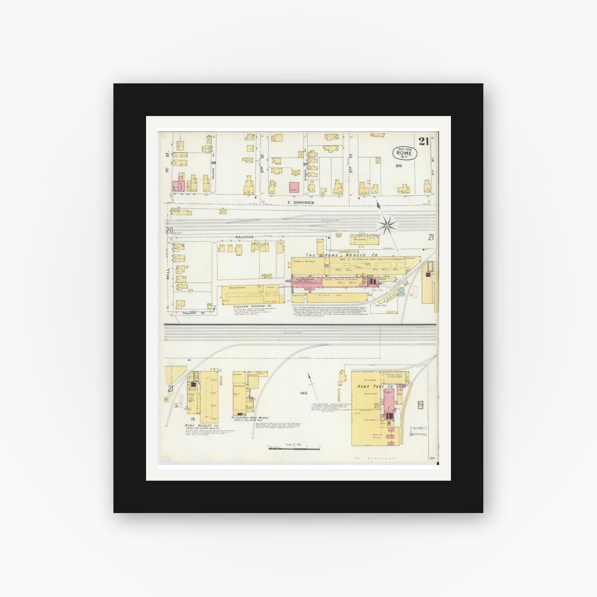 Old map wall art mockup — black gallery frame with white mat — Sanborn Fire Insurance Map from Rome, Oneida County, New York (1904), Sheet #0021