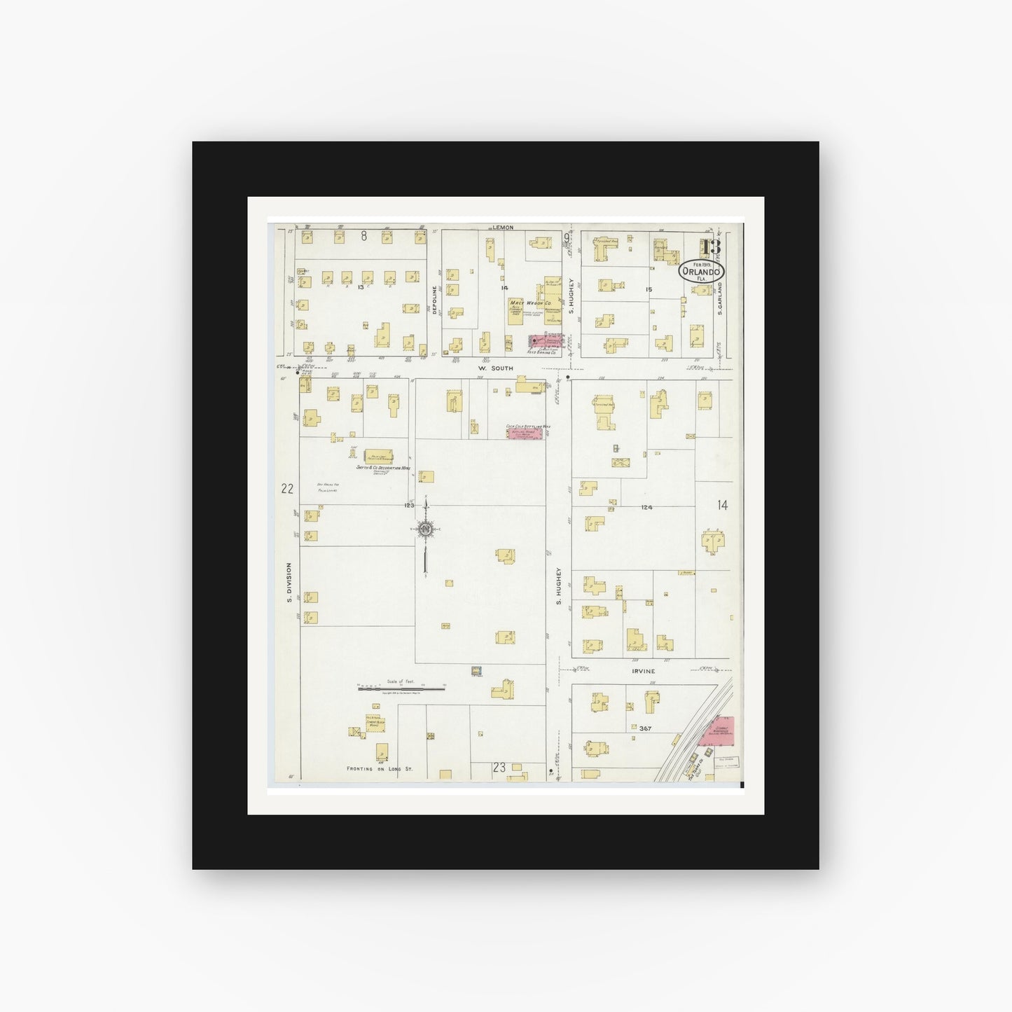 Old map wall art mockup — black gallery frame with white mat — Sanborn Fire Insurance Map from Orlando, Orange County, Florida (1919), Sheet #0013