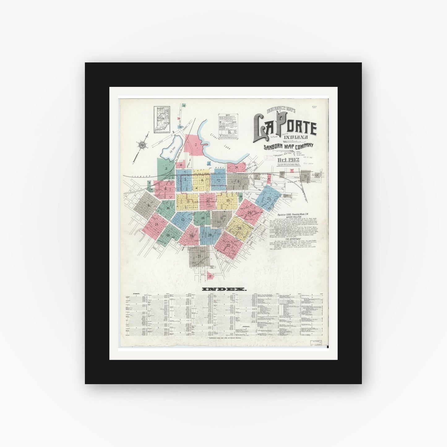Old map wall art mockup — black gallery frame with white mat — Sanborn Fire Insurance Map from La Porte, La Porte County, Indiana (1912), Sheet #0001