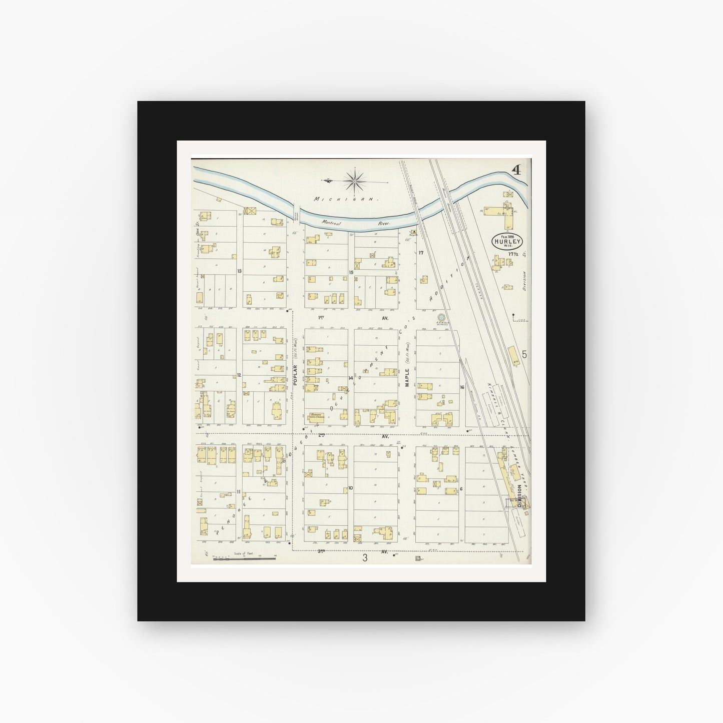 Old map wall art mockup — black gallery frame with white mat — Sanborn Fire Insurance Map from Hurley, Iron County, Wisconsin (1898), Sheet #0004