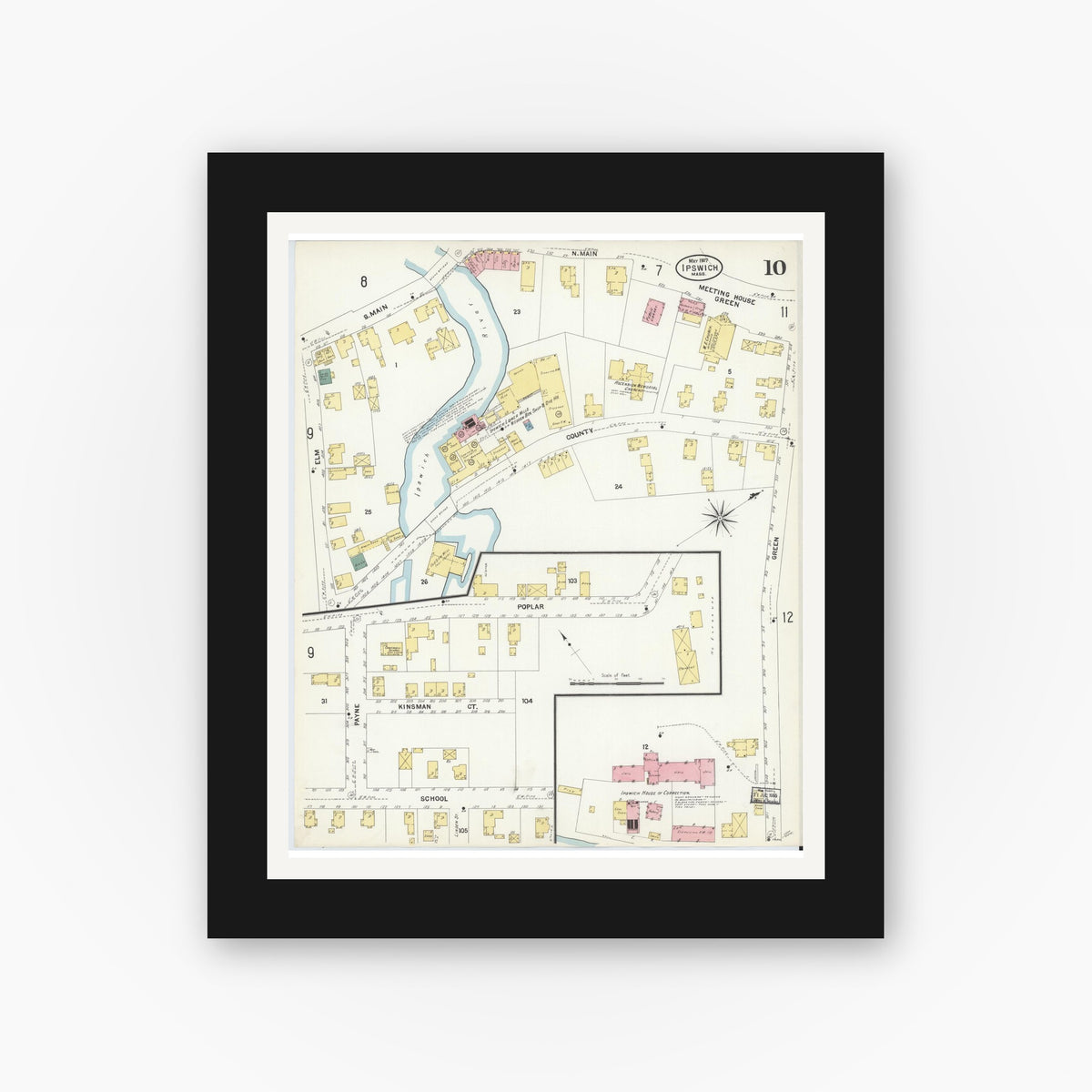 Old map wall art mockup — black gallery frame with white mat — Sanborn Fire Insurance Map from Ipswich, Essex County, Massachusetts (1907), Sheet #0010