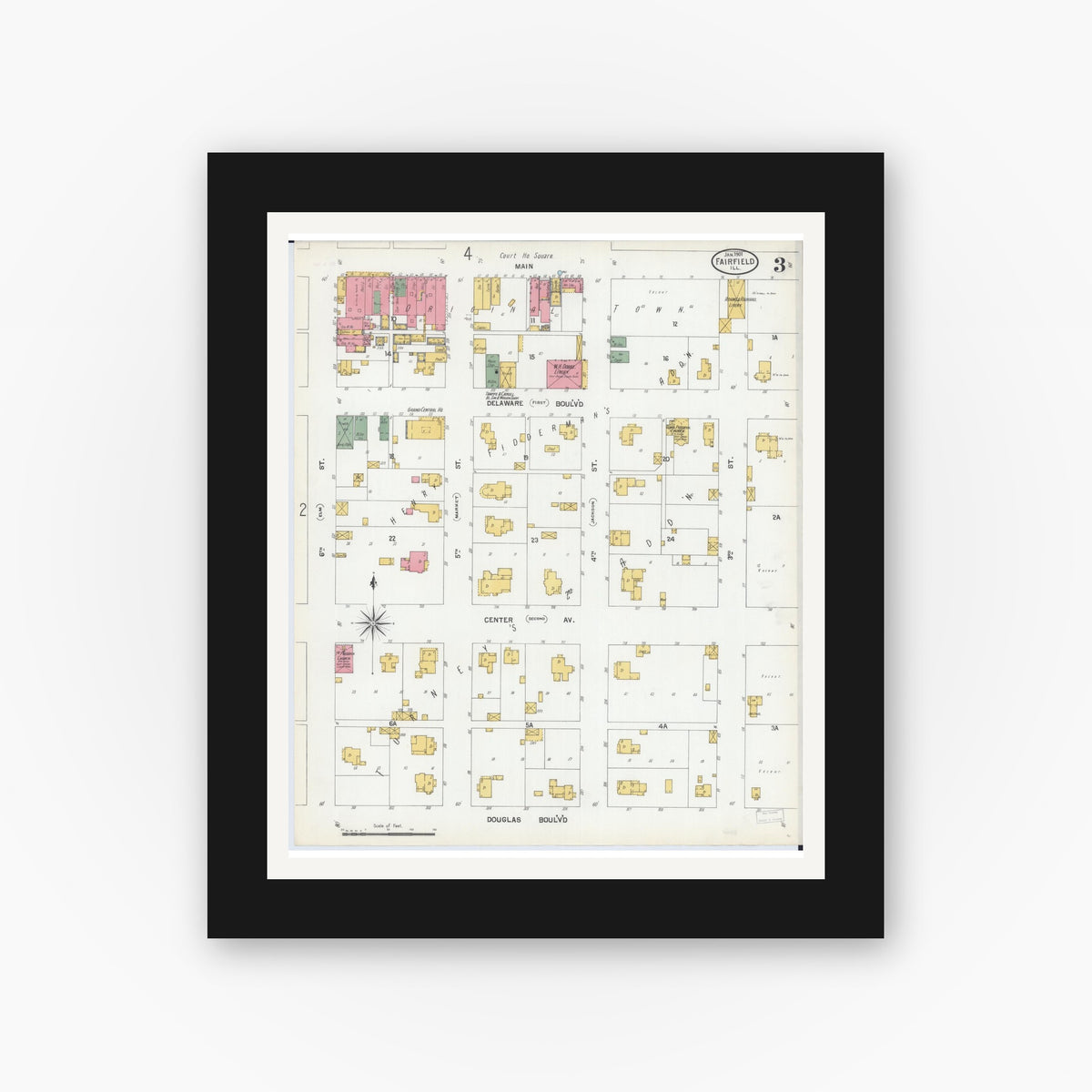 Old map wall art mockup — black gallery frame with white mat — Sanborn Fire Insurance Map from Fairfield, Wayne County, Illinois (1901), Sheet #0003