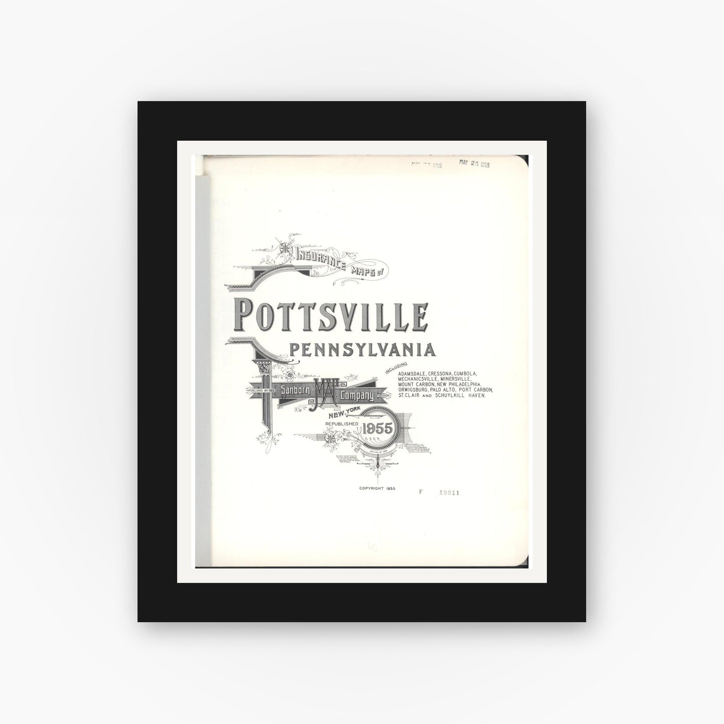 Old map wall art mockup — black gallery frame with white mat — Sanborn Fire Insurance Map from Pottsville, Schuylkill County, Pennsylvania (1955), Sheet #0001
