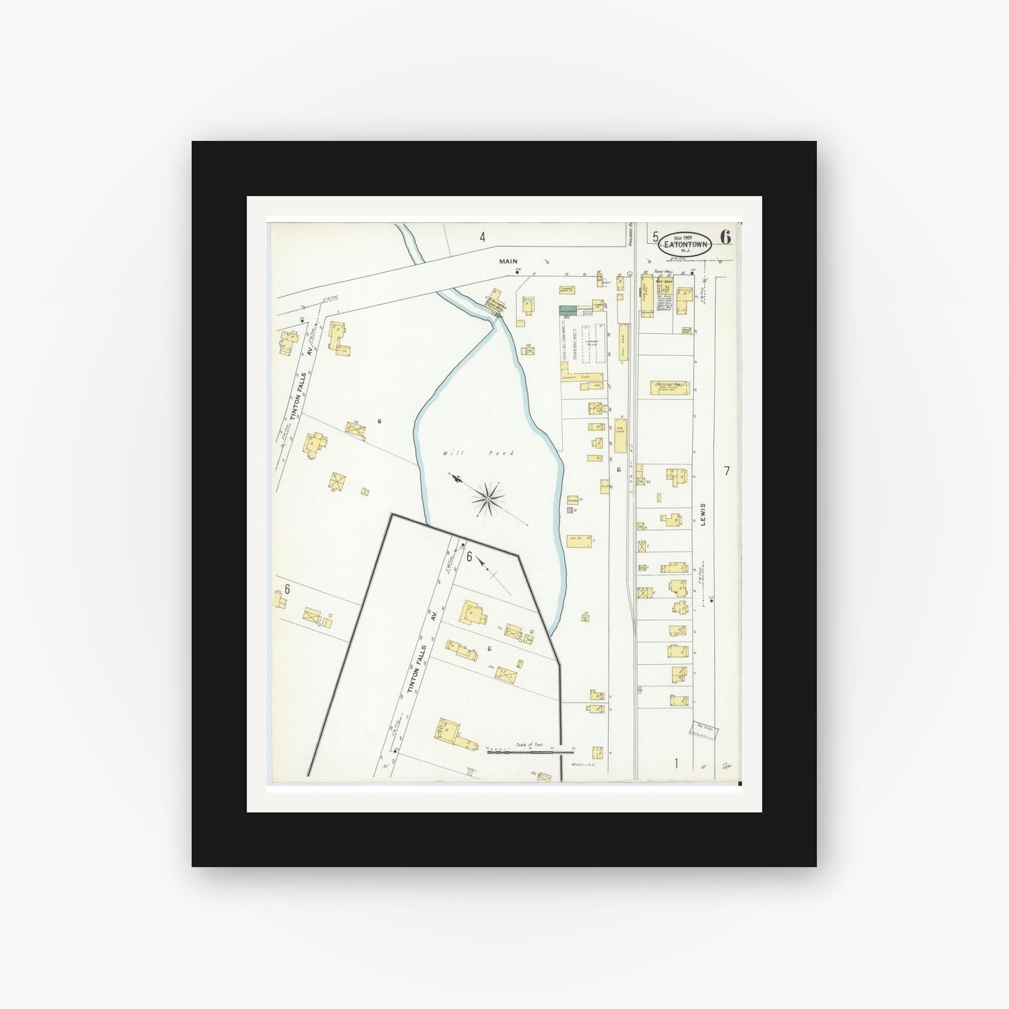 Old map wall art mockup — black gallery frame with white mat — Sanborn Fire Insurance Map from Eatontown, Monmouth County, New Jersey (1909), Sheet #0006