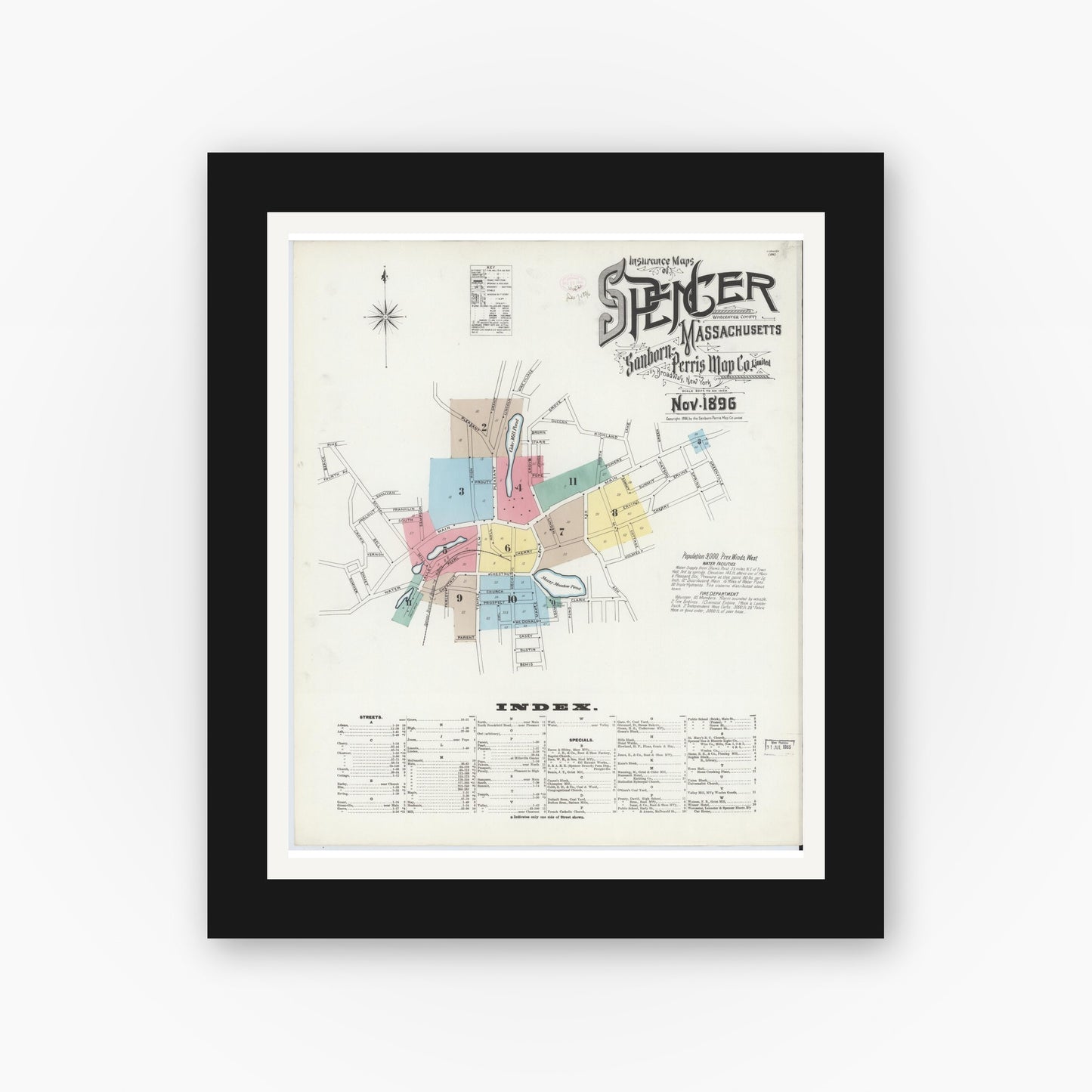 Old map wall art mockup — black gallery frame with white mat — Sanborn Fire Insurance Map from Spencer, Worcester County, Massachusetts (1896), Sheet #0001