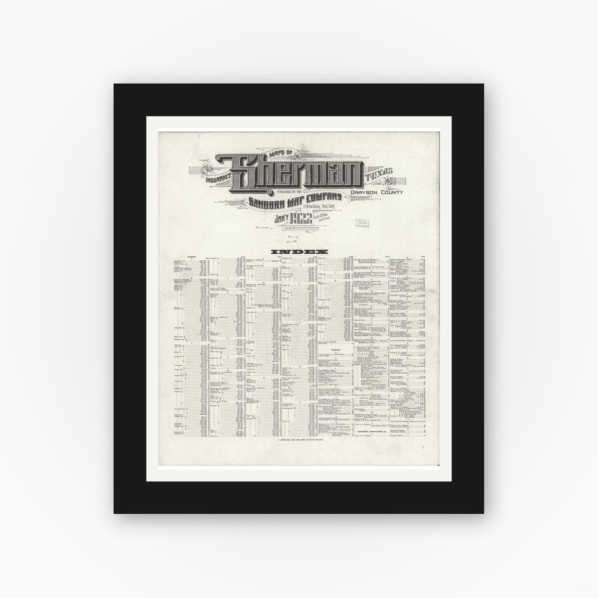 Old map wall art mockup — black gallery frame with white mat — Sanborn Fire Insurance Map from Sherman, Grayson County, Texas (1922), Sheet #0001