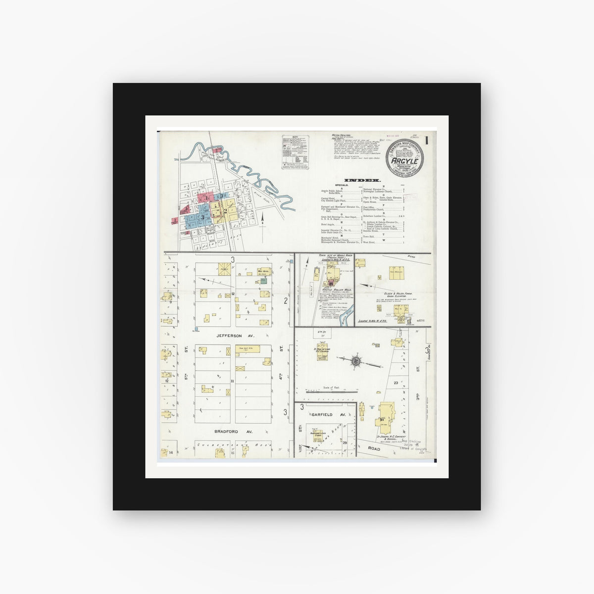 Old map wall art mockup — black gallery frame with white mat — Sanborn Fire Insurance Map from Argyle, Marshall County, Minnesota (1909) - Complete Map Set